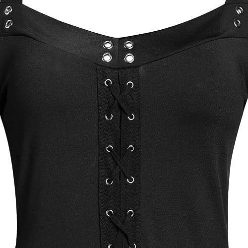 Miniatura 4 de Vestido gótico con hombros descubiertos para mujer, con encaje, manga acampanada, vestido de cóctel formal, vestido de cóctel punk para Halloween,