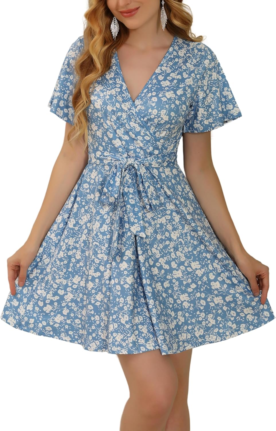 Aphratti Women's Fit and Flare Summer Dresses V Neck Short Sleeve High Waist Casual Spring Floral Wrap Dress