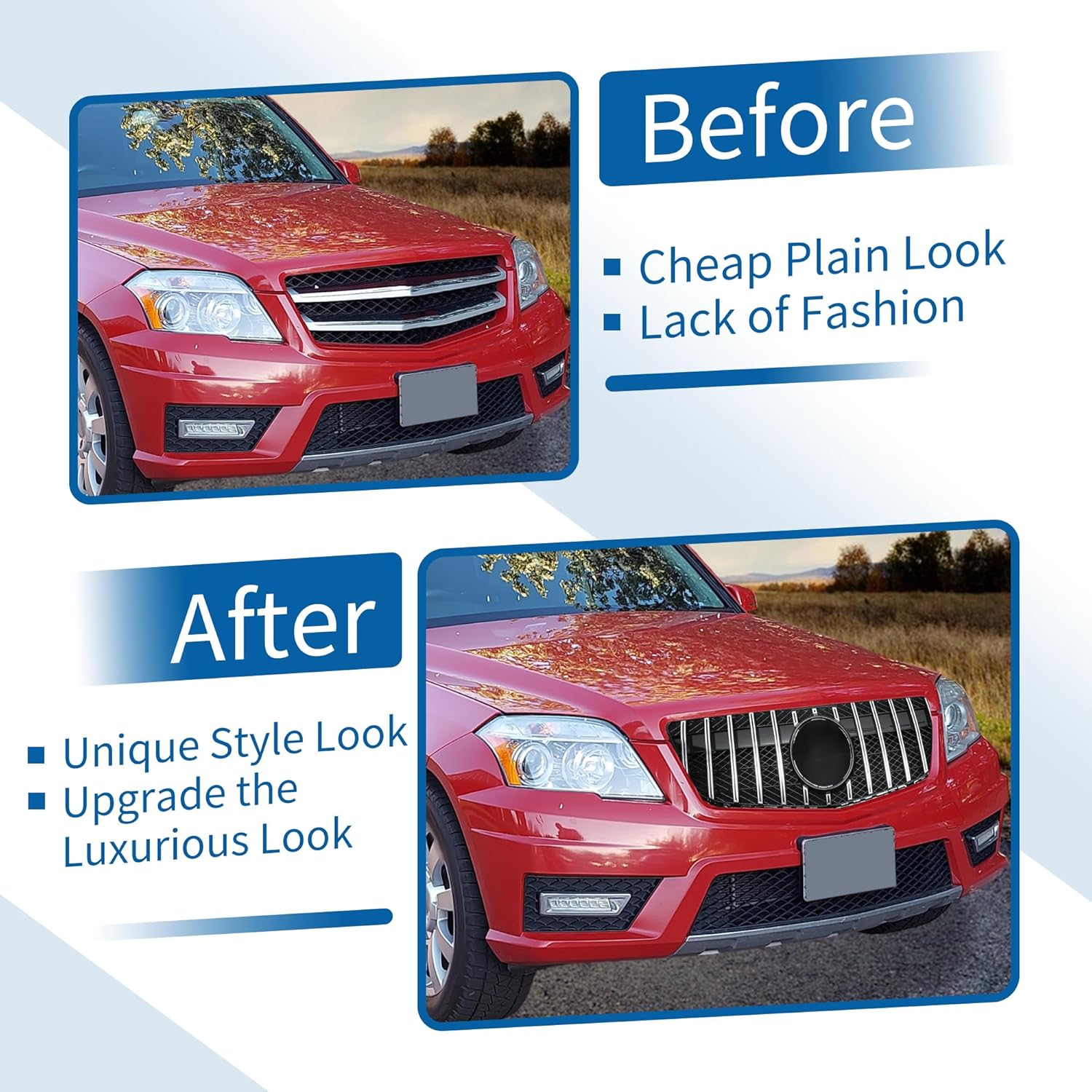 X AUTOHAUX Front Upper Hood Bumper Grille Grill for Mercedes-Benz GLK300 2013-2015 Front Upper Bumper Kidney Grille Grill Chrome Silver Tone Black