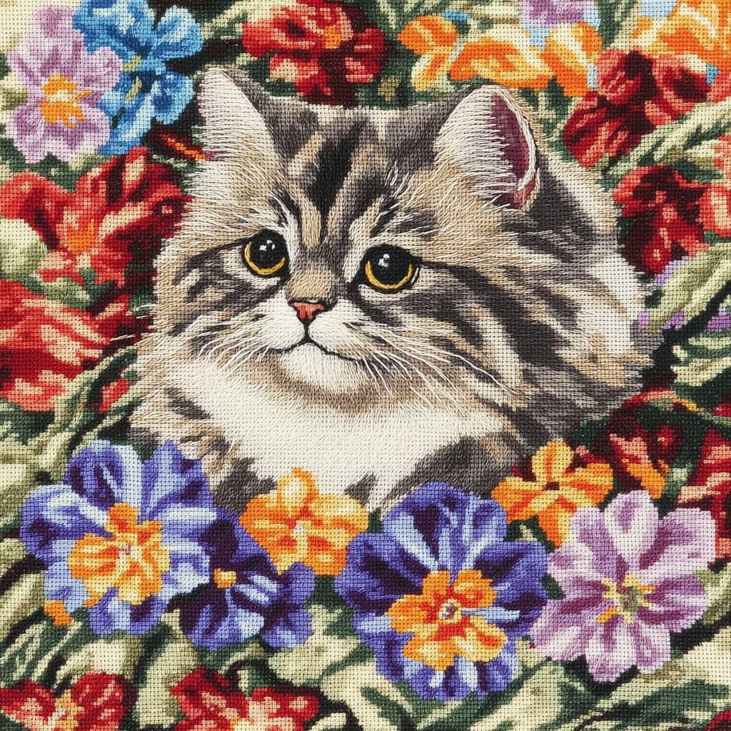 Taxpy DIY Rug Pillow Cover Latch Hook Cushion Kits, Cat in the Flower Bushes Needlework Pillow Cover Sofa Cushion Rug Making Kits,17x17inch