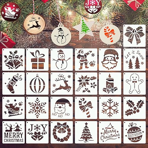 YEAJON 25 plantillas de Navidad de 4 x 4 pulgadas para pintar en rodajas de madera, tela, papel, ventanas, tarjetas, adornos de Navidad, plantillas