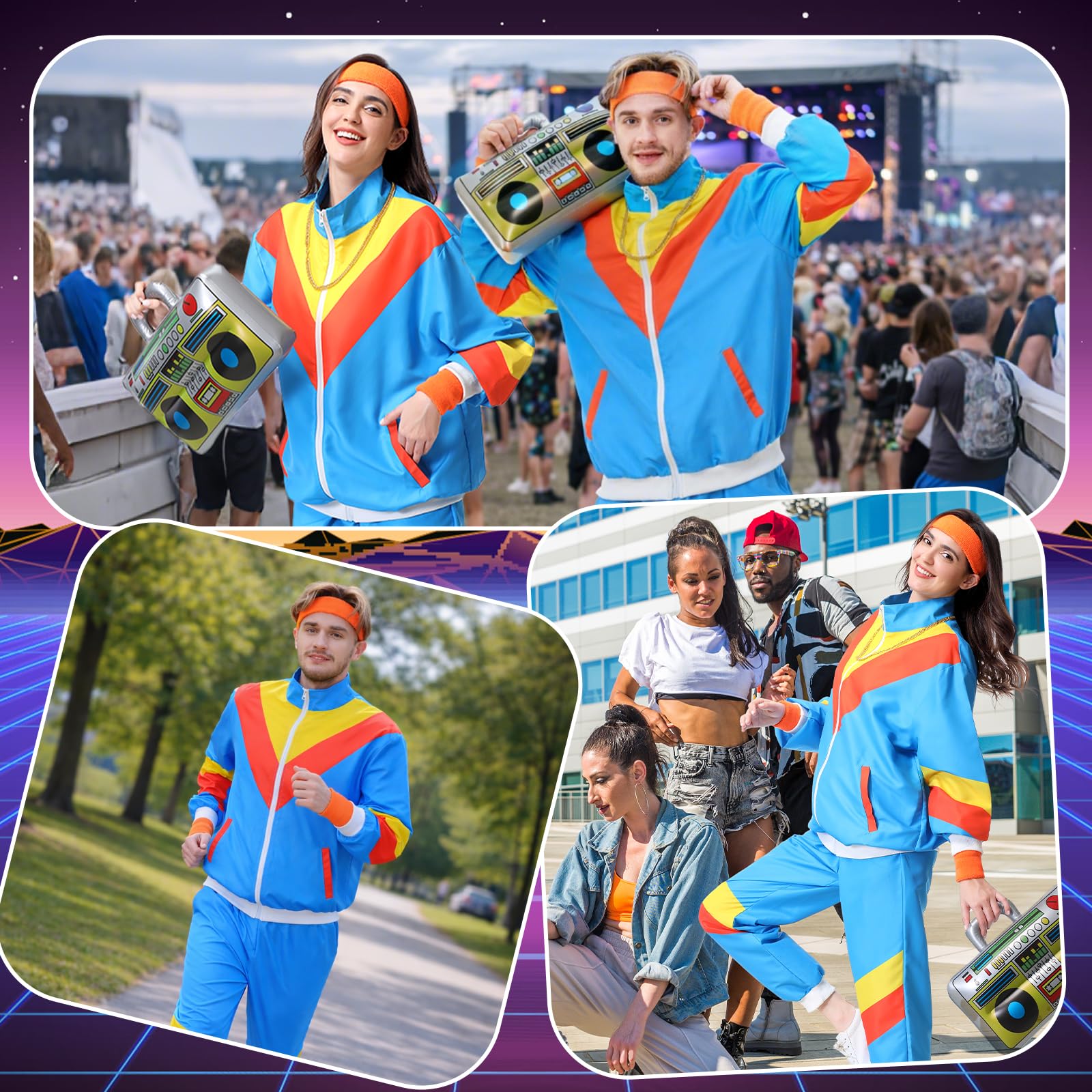 Disfraz de los años 80 y 90 para hombre y mujer, chándal de los años 80, chaqueta y pantalones, traje de chándal para hombre, estilo retro de los años 80, traje de los años 80, para carnaval