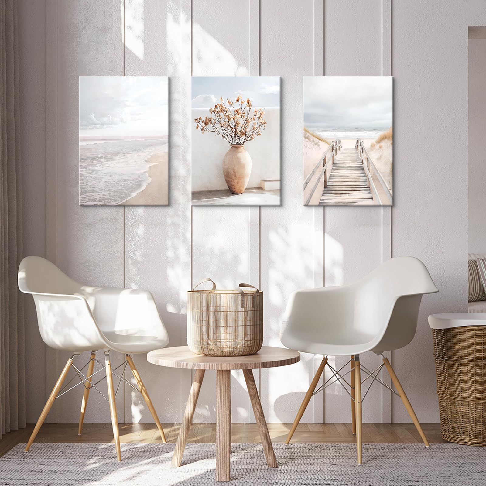 3 Pcs Wooden Framed Canvas Wall Art Path to the Sea Beach Canvas Prints Boho Beige Seascape Painting Ocean Coastal Scenery Pictures for Living Room Bedroom Bathroom Hallway Wall Decor 40x60 cm x3pcs - Image 3