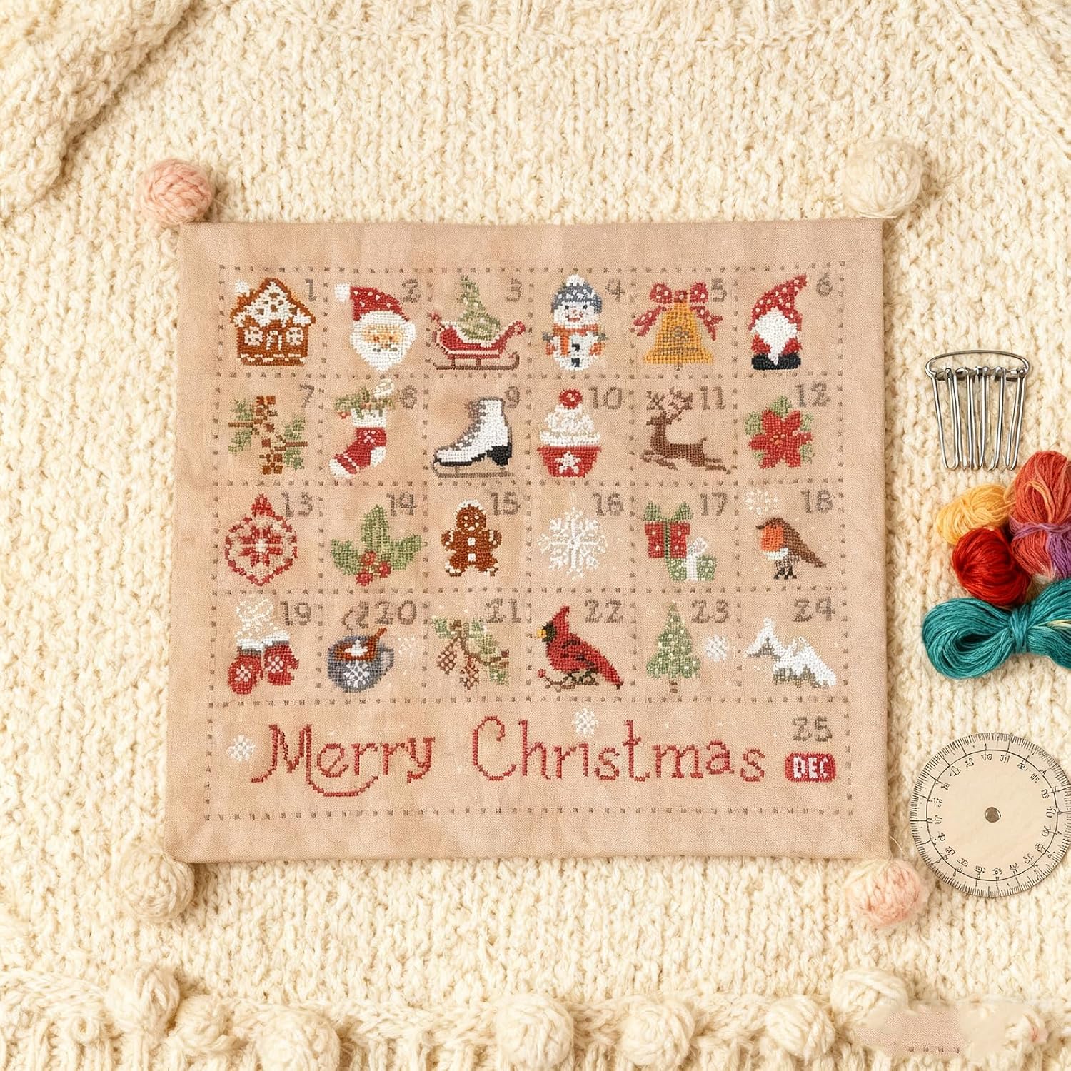 Christmas Advent Calendar Cross-Stitch Kit,Hand-Embroidered Christmas Decoration Kit 25-Day Countdown Advent Calendar Gift Suitable for Adults and Beginners