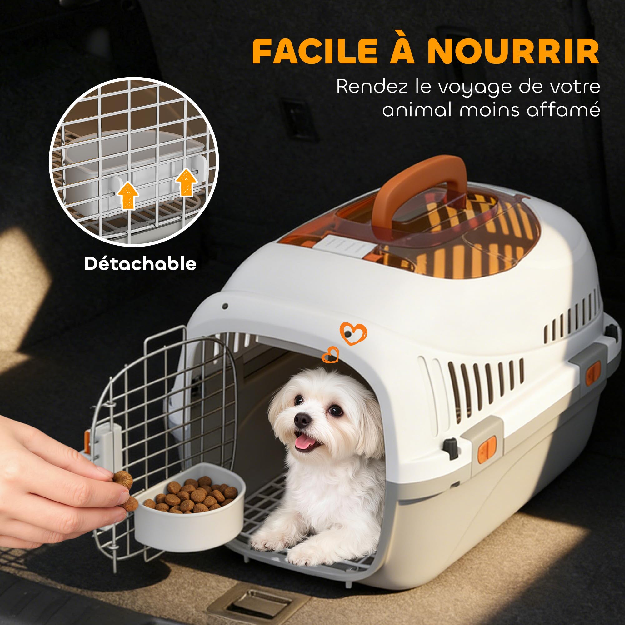 PawHut Caisse de Transport Chat et Chien, Cage de Transport pour Chats et Petits Chiens jusqu'à 4 kg, Porte Acier, Bol de Nourriture, Fermeture sécurisée, 49 x 32 x 31 cm, Gris et crème