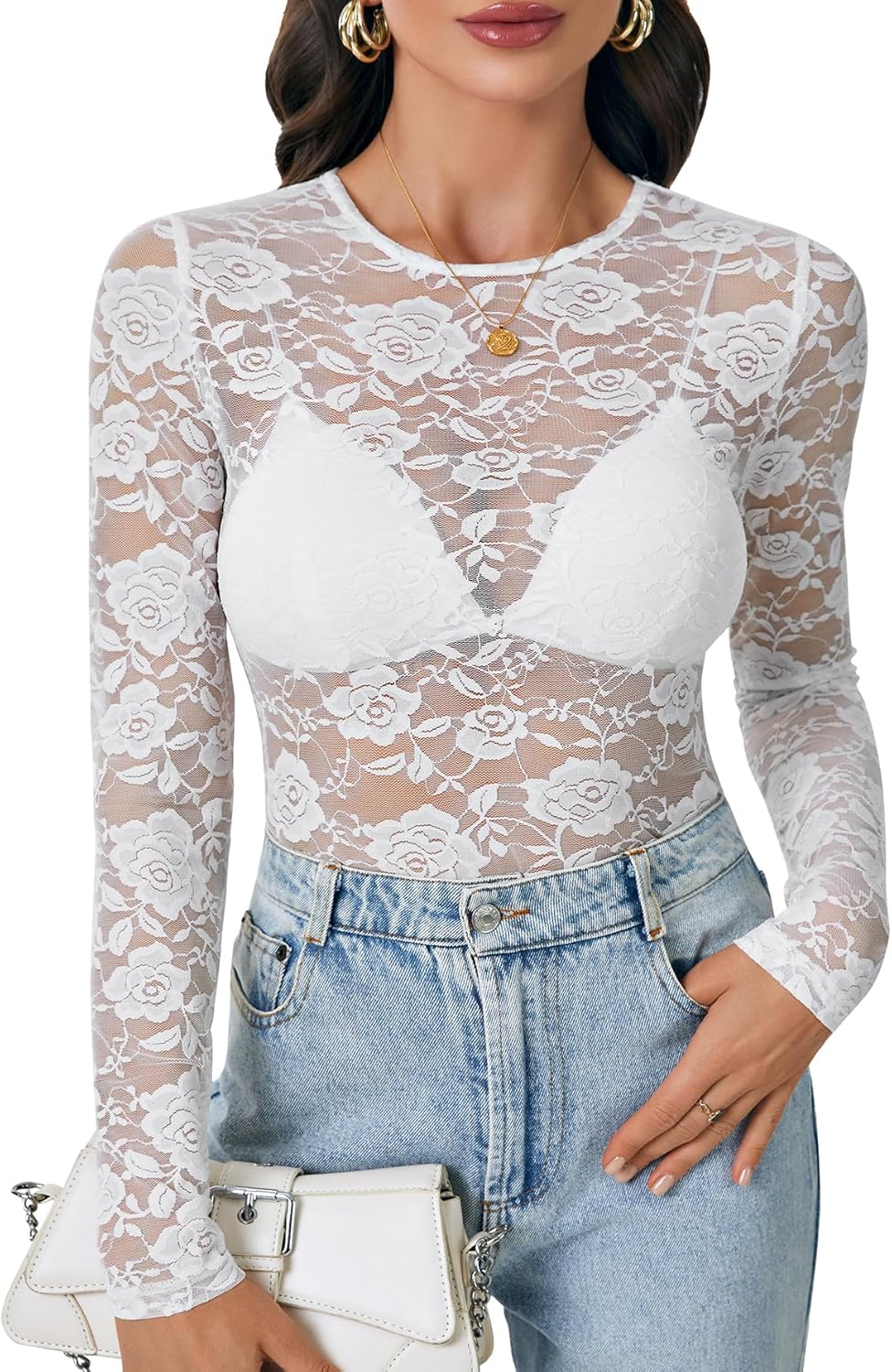 LYANER Women's Sexy Mesh Top Floral Long Sleeve See Through Shirt Lace Sheer Blouses