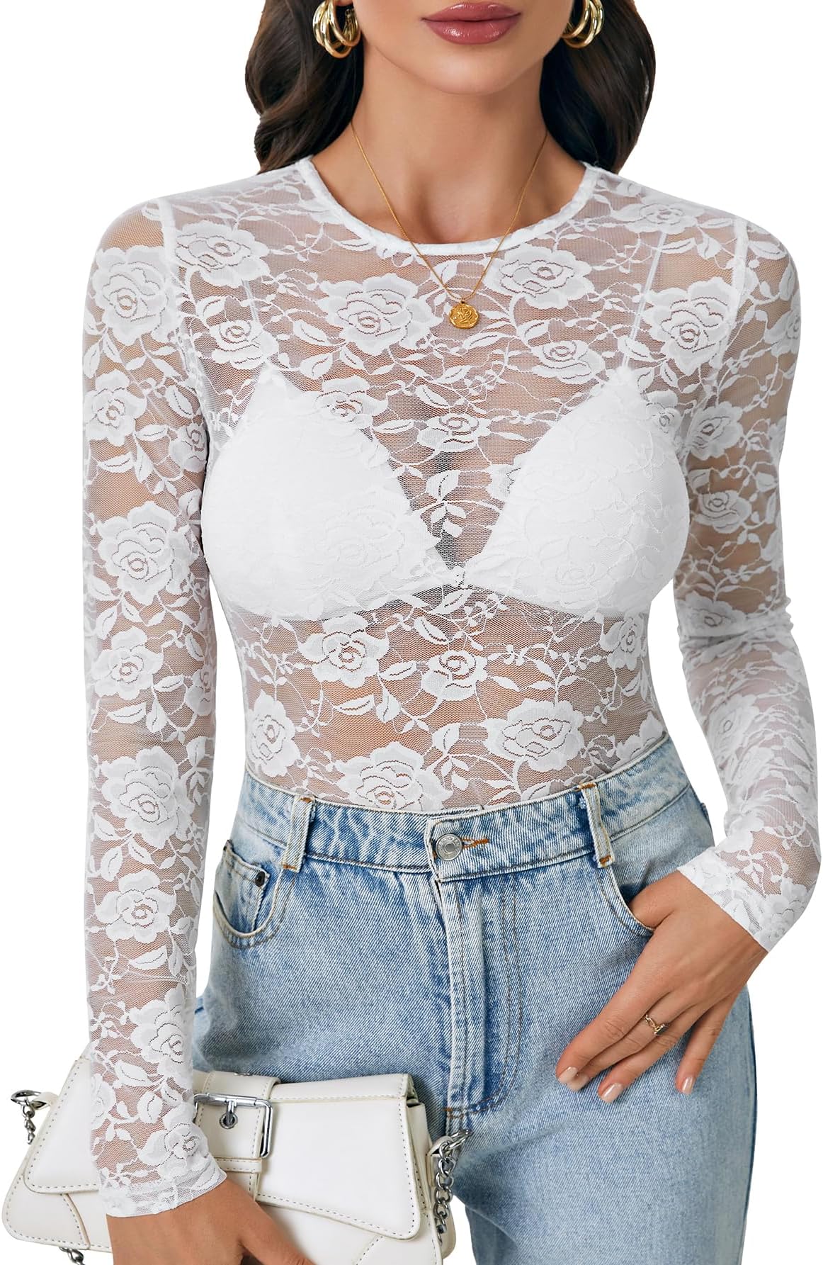 Women's Lace Long Sleeve Tops Floral Sexy Mesh Sheer Shirt See Through Undershirt Tops