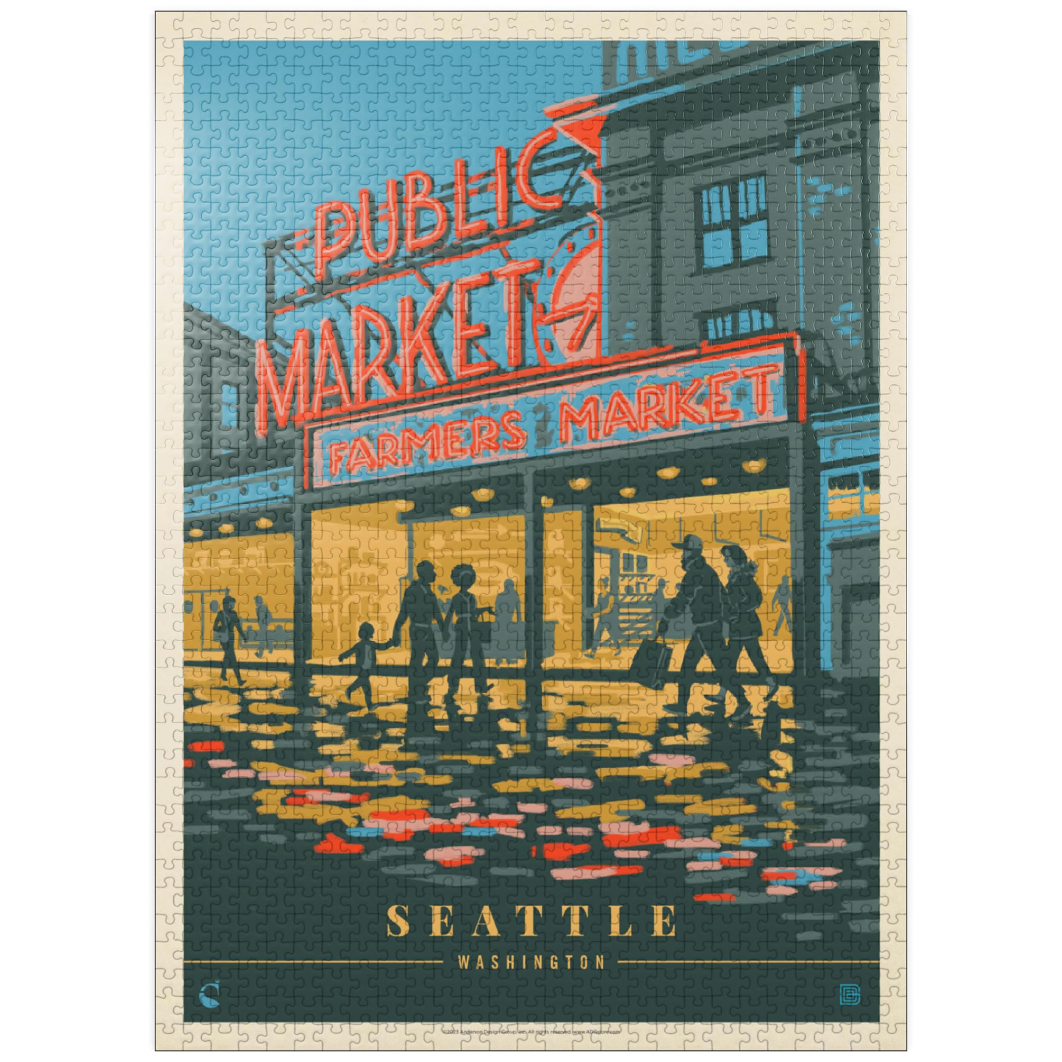 MyPuzzle USA-Seattle, WA: Morning At The Market, Vintage Poster - Premium 1000 Piece Jigsaw Puzzle for Adults