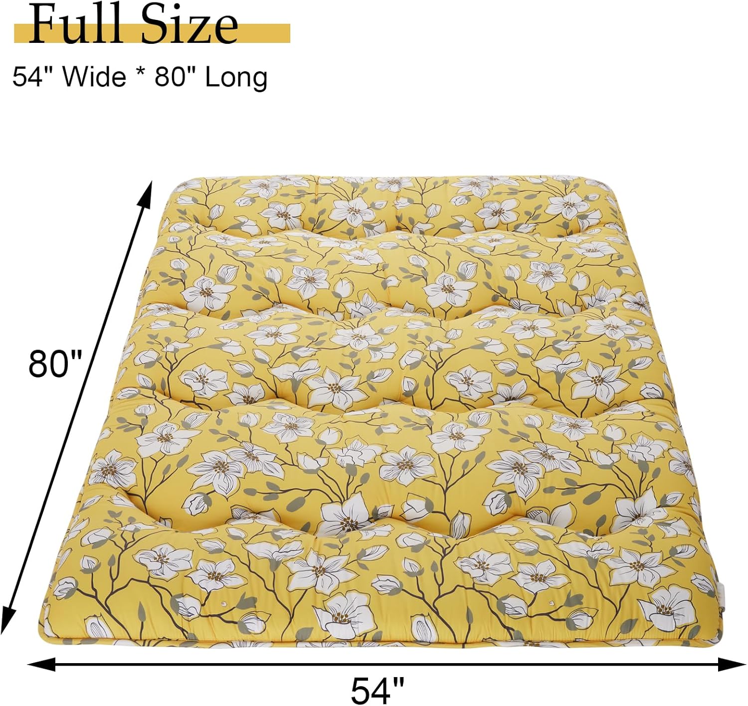 Full Size Japanese Floor Futon Mattress, Modern Floral Printed Tatami Mat, Thick Foldable Floor Mattress, Roll Up Sleeping Pad Portable for Guest Room, Dormitory, Yellow