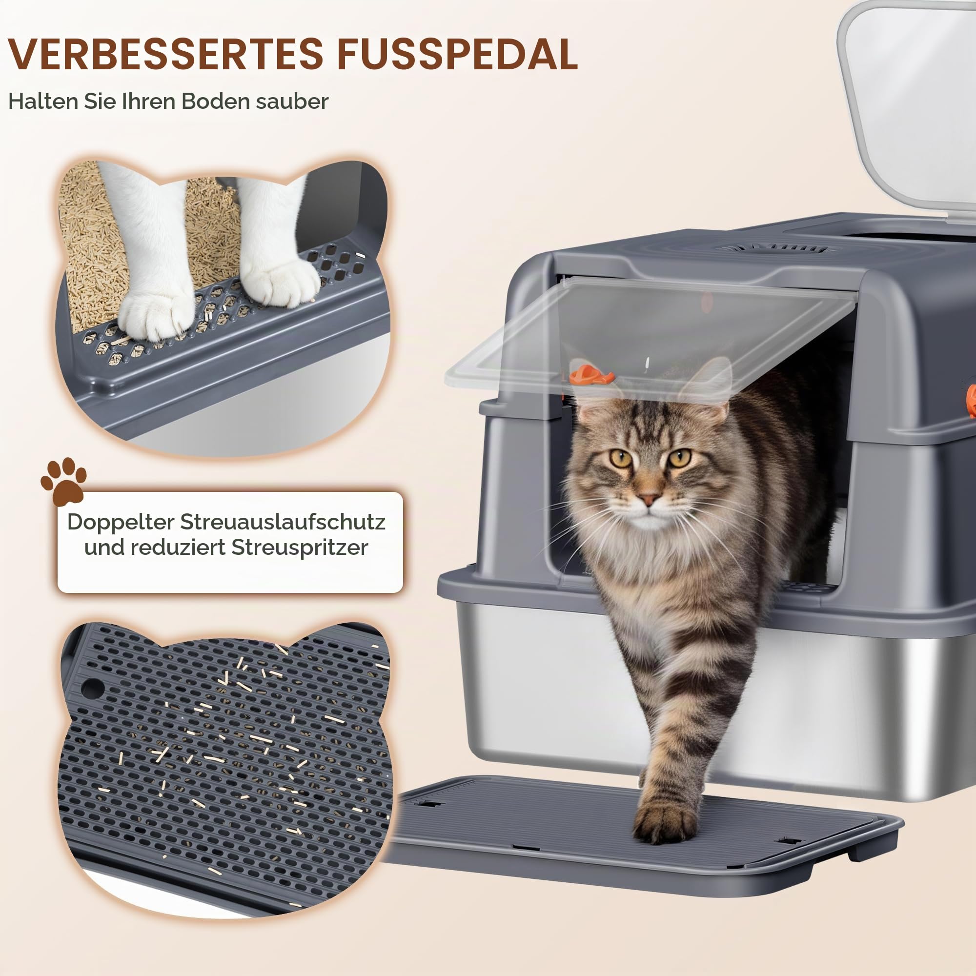Edelstahl Katzenklo mit Deckel XXXL, 70 x 50 x 42cm, Dunkelgrau