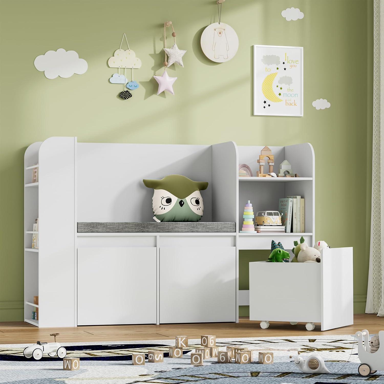 48" Kids Bookshelf with Toy Storage Organizer, Wooden Reading Nook with Bench, 3 Movable Drawers, Toddler Bookcase with Seat Cushion for Kids Room, Playroom, Bedroom, School White