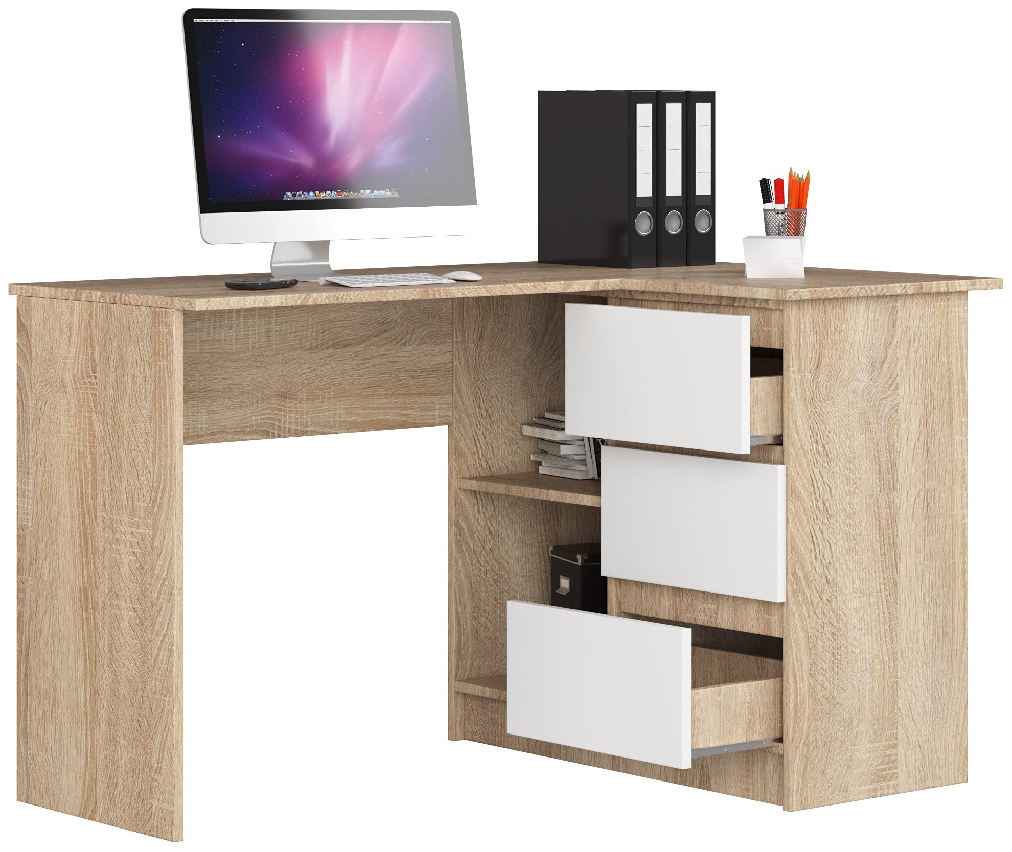 Escritorio esquinero AKORD B16 Roble Sonoma 124 cm con lado derecho 3 cajones frente en color Blanco 2 estantes 124x85x77 cm