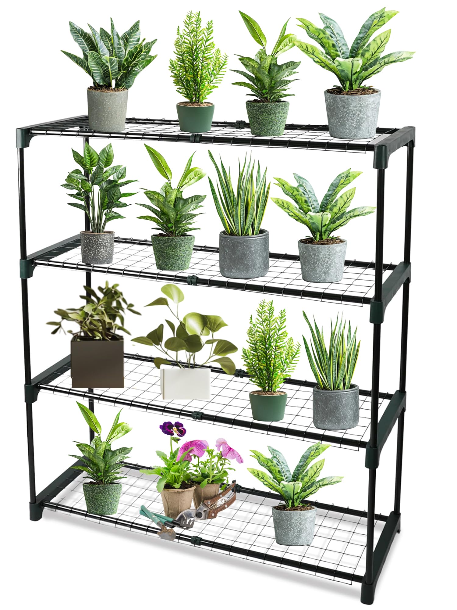 Divchi Grey 4-Tier Garden Storage Shelves | Shelving Unit | Greenhouse Shelf | Shed Rack | Plant Racks | Garage Racking | Green House Staging - Easy No Tool Assembly (Pack Of 1) (Flower Pots Not Included)