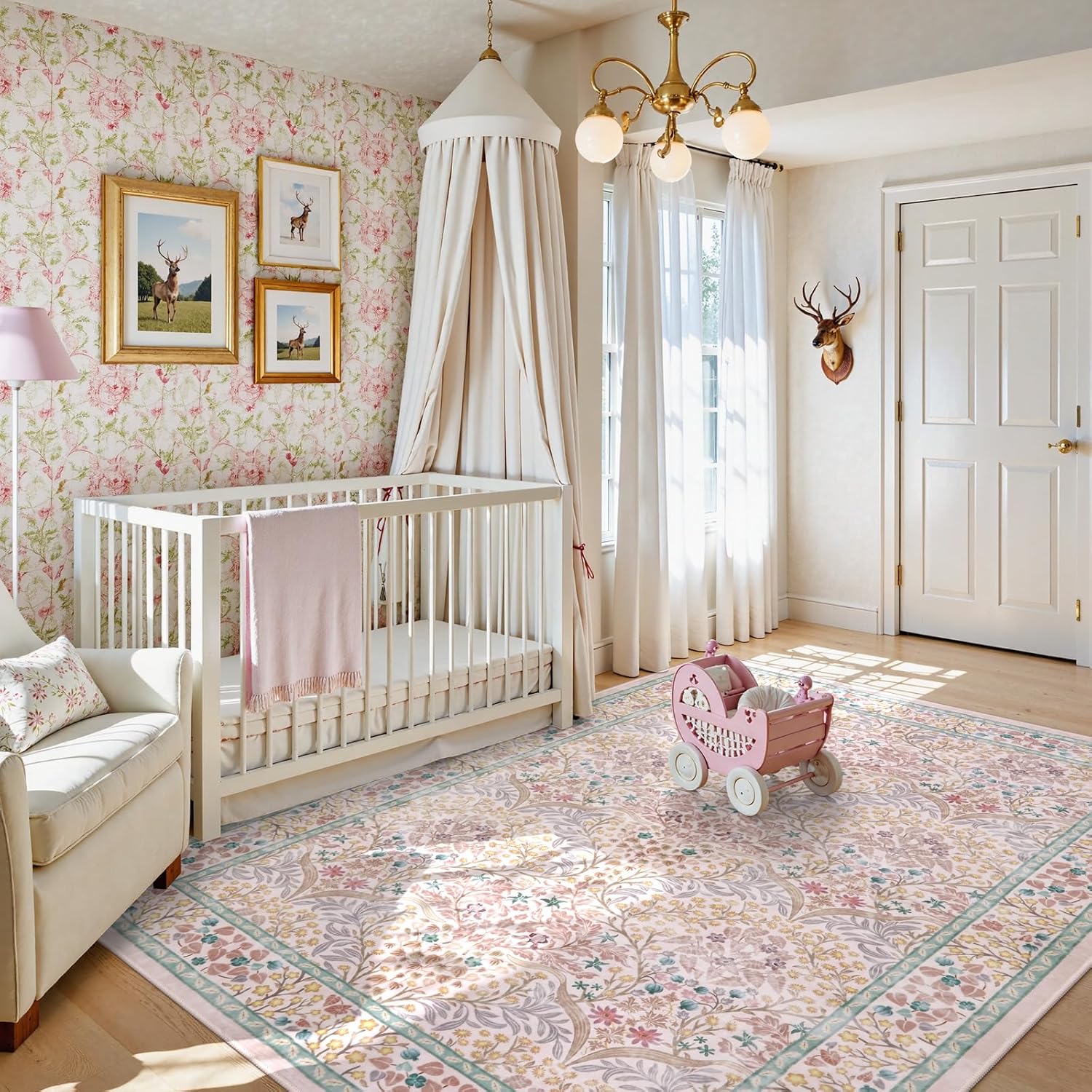 Lahome Floral Washable Area Rugs 5x7, Soft Pink Rugs for Living Room Bedroom, Boho Non Slip Low Pile Forest Stain Resistance Large Throw Carpet for Farmhouse Dining Room Office, Pink - Image 2