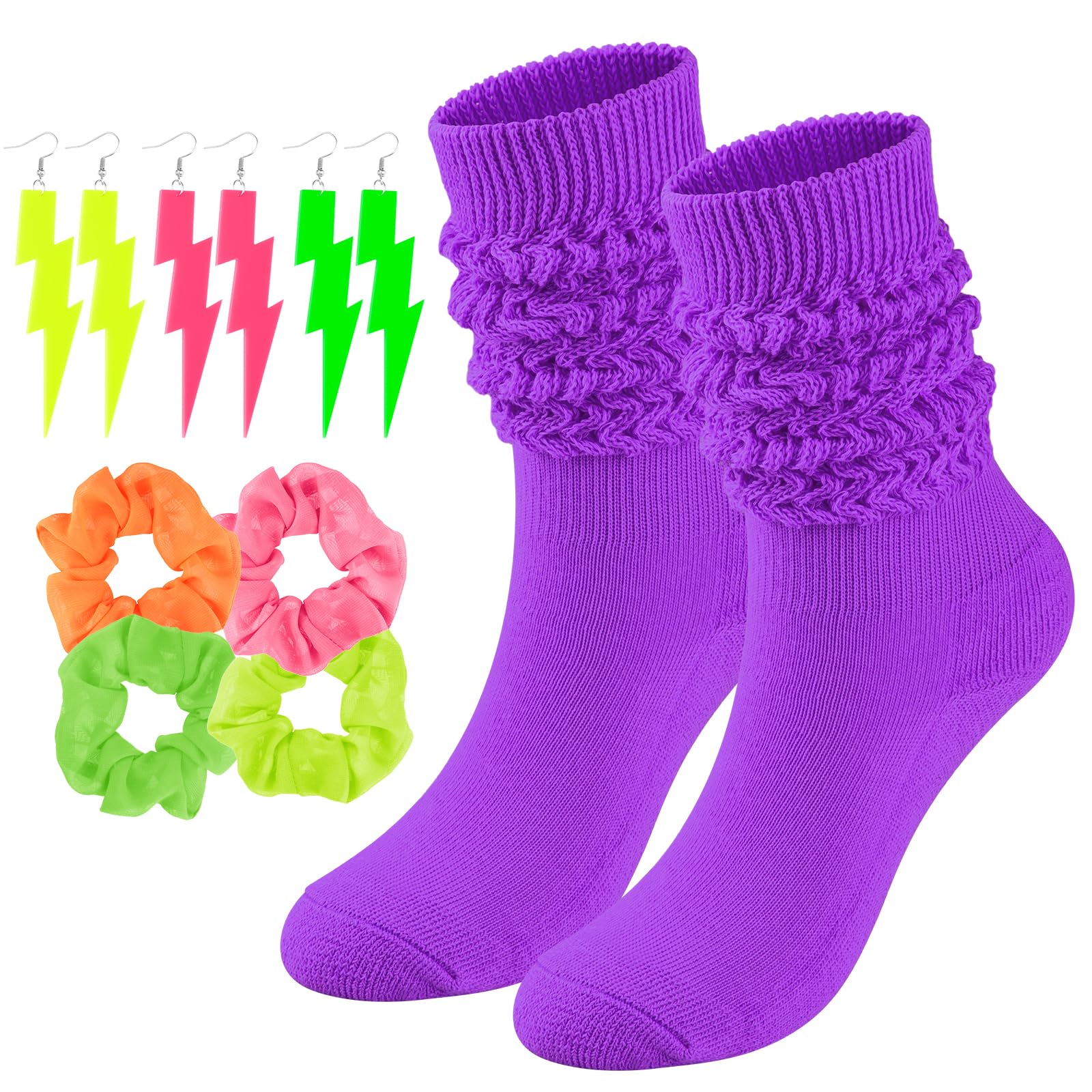 Neon Slouch Socks for Women, 80s 90s Scrunch Knee High Socks