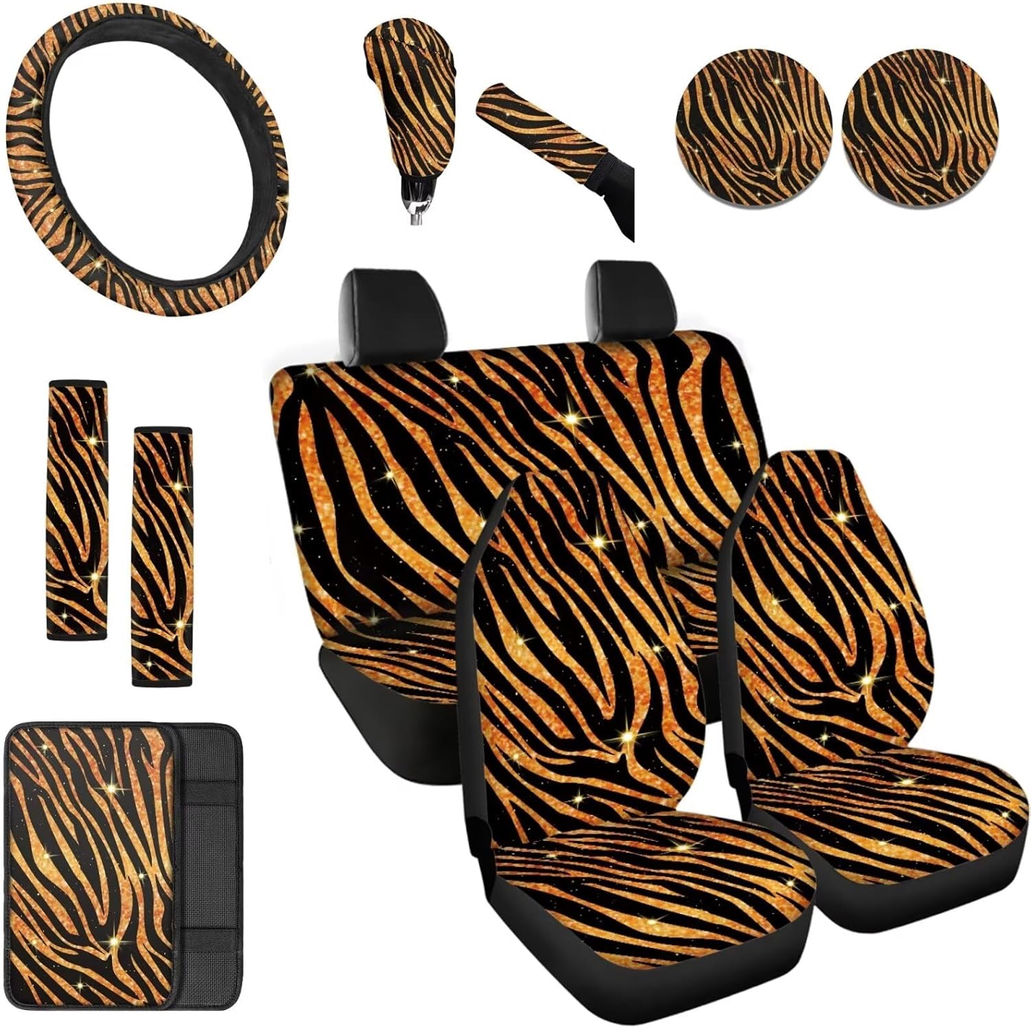 Dreaweet Glitter Tiger Skin Stripes Car Seat Covers Set for Women,Car Steering Wheel Cover and Seatbelt Cover,Armrest Pad,Cup Holders,Handbrake Cover with Gear Shift Knob Cover