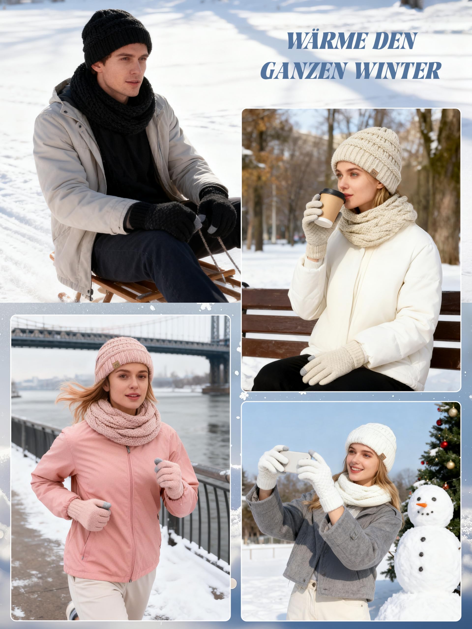 VZV Winter Set für Damen, Strickmütze mit Schal und Touchscreen-Handschuhe, Warmer Halswärmer, Schwarz
