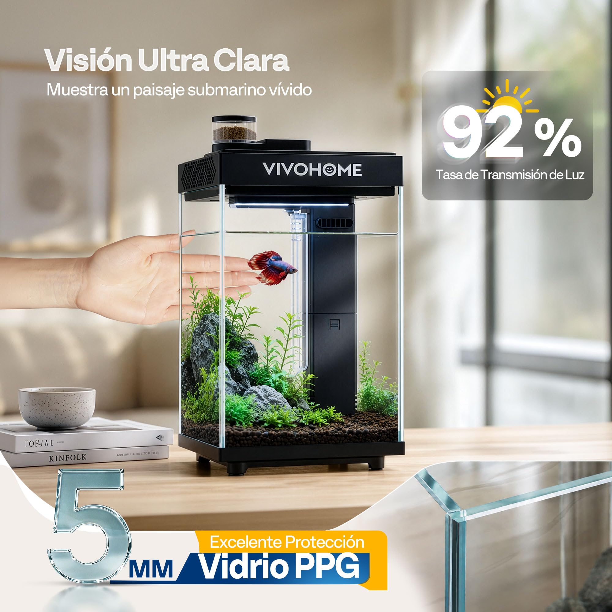 VIVOHOME 9,5L Acuario de Cristal Inteligente Vidrio con Alimentador Auto