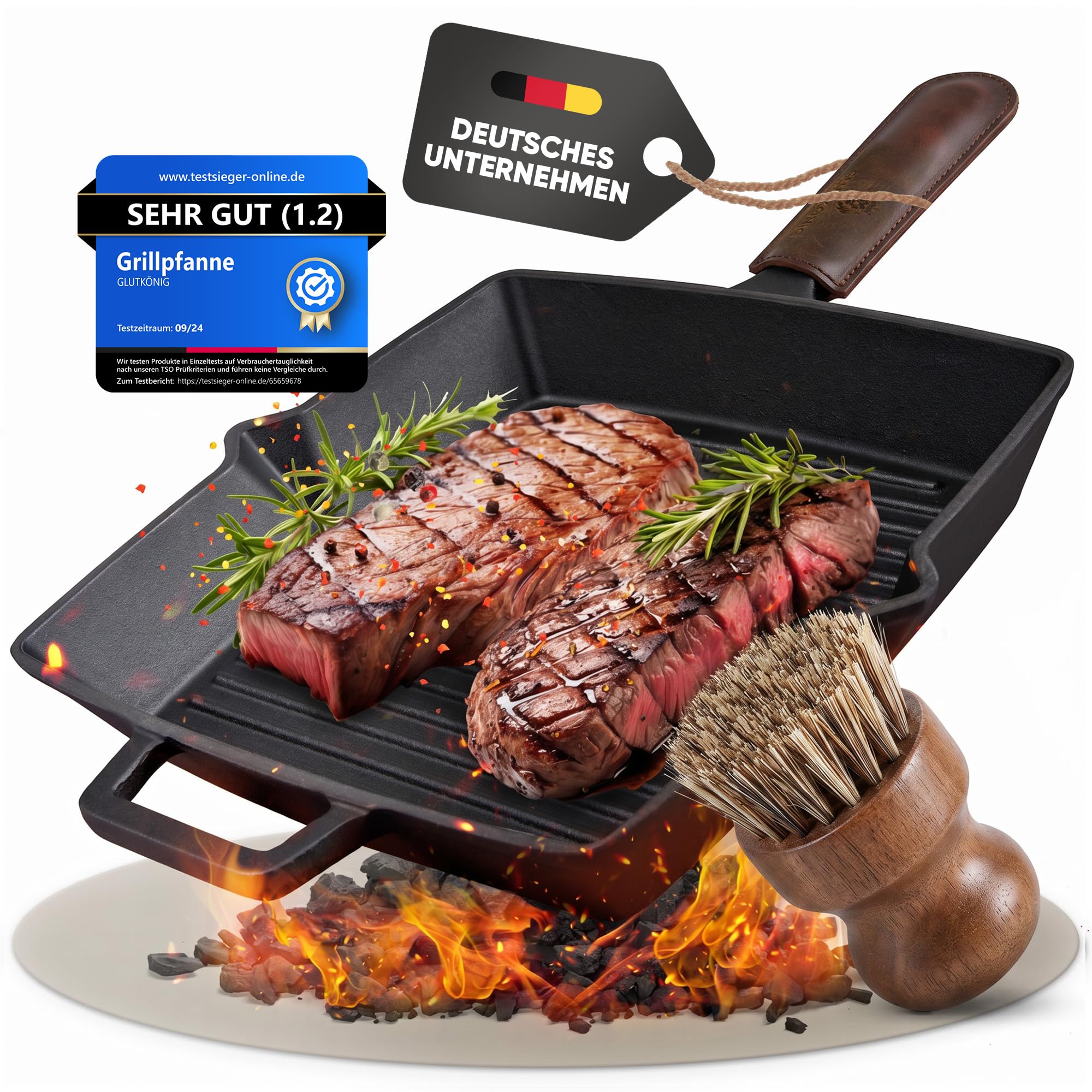Grillpfanne Gusseisen emailliert [26 cm] Kein Einbrennen nötig | Eckige Steakpfanne mit Rillen zum Grillen - für alle Herdarten, Ofen, Induktion | Grill-Pfanne mit Reinigungsbürste