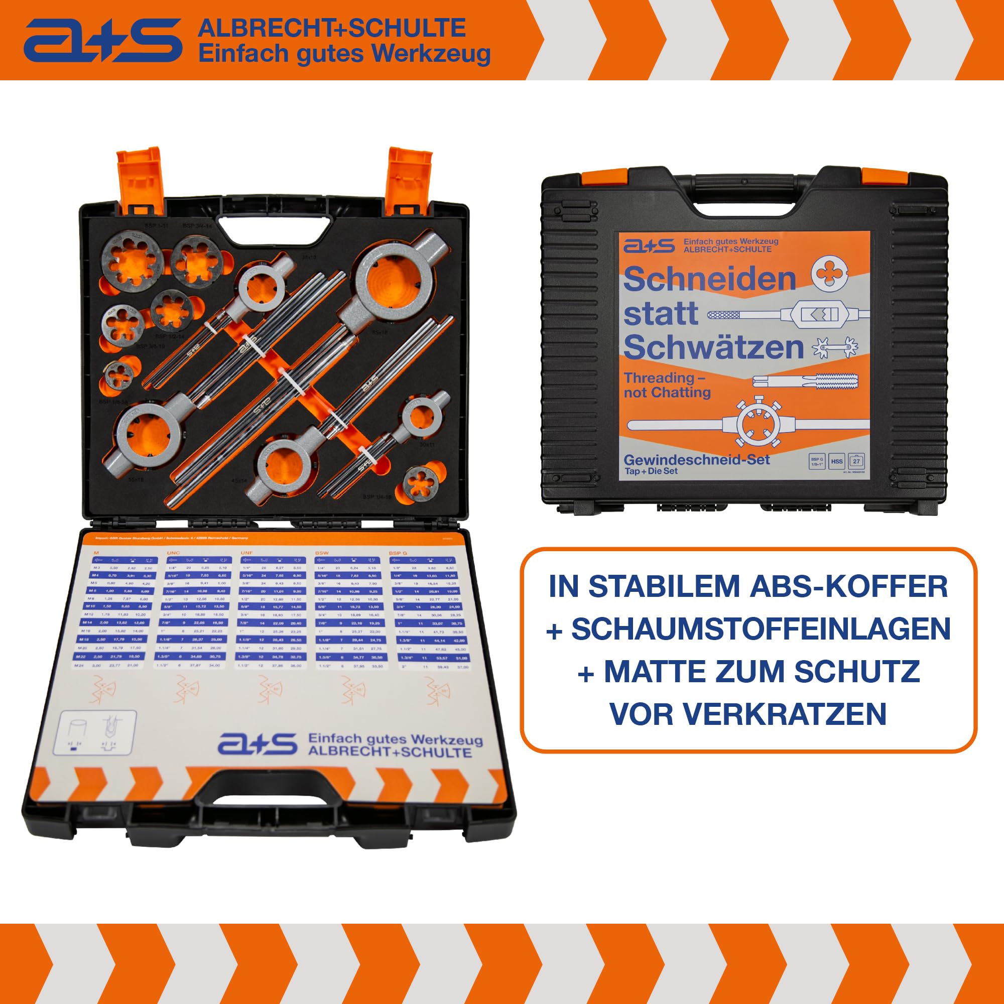 a+s HSS BSP G Rohrgewindeschneider Set | 1/8-1'', 27-tlg. | Gewindeschneider Set Zoll | Whitworth Rohrgewinde