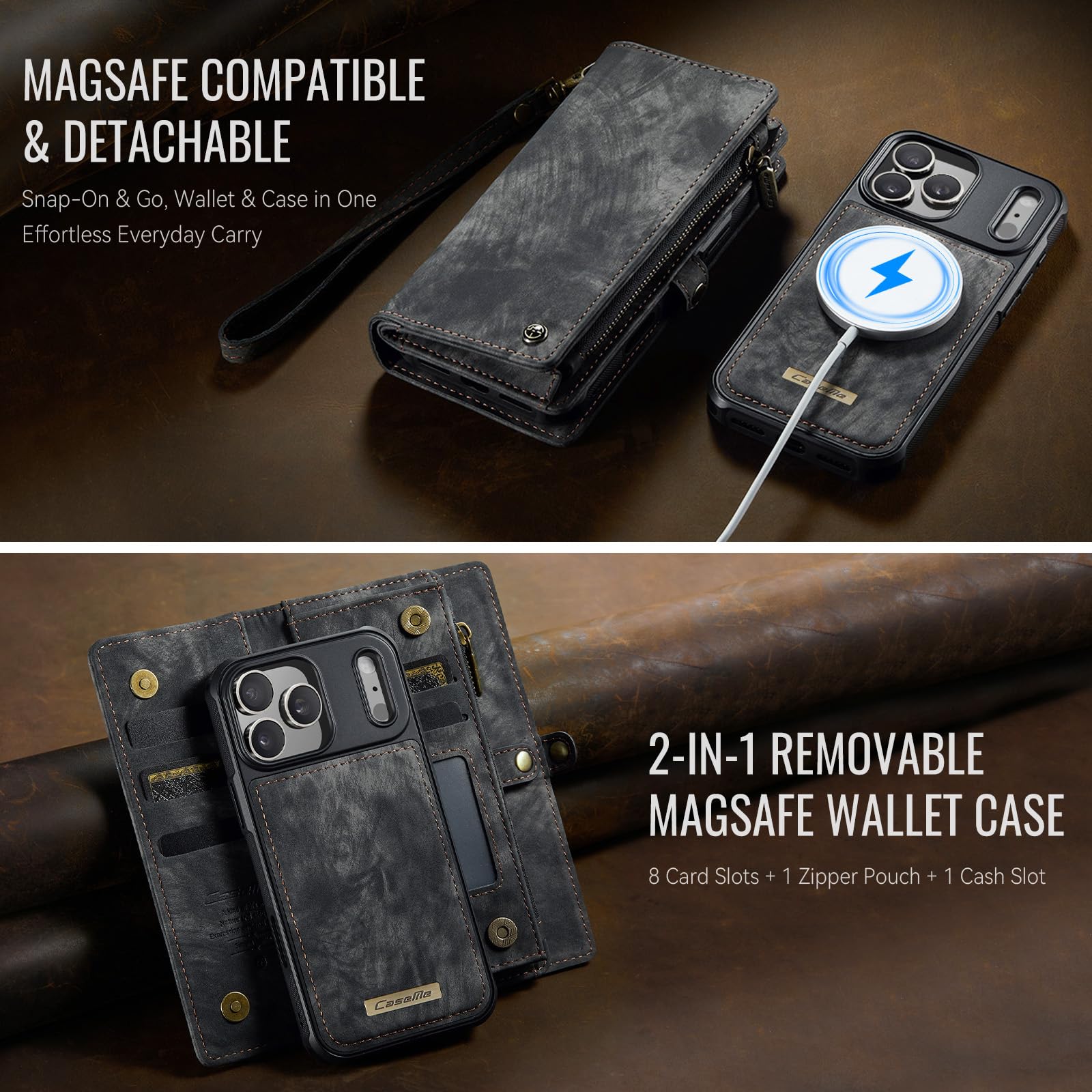 Etui portfelowe na iPhone'a 17 Pro, z 8 przegródkami na karty, magnetyczne zamknięcie, kieszeń na zamek błyskawiczny, odpinane magnetyczne etui 2 w 1, wysokiej jakości skóra PU, z paskiem na