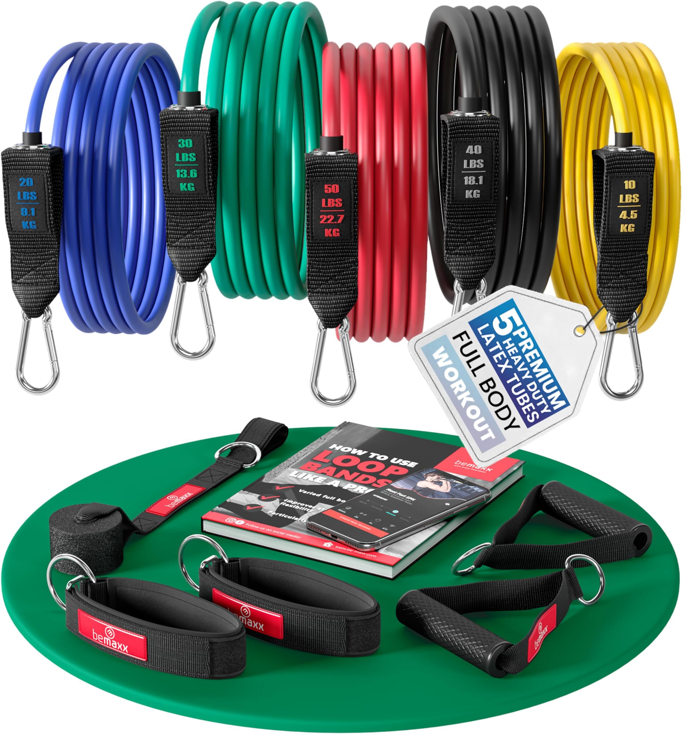 Resistance Bands Set with Handles, Door Anchor, Ankle Straps + Exercise Ebook, 5 Long Tubes Premium Heavy Duty Expander Cords, Full Body Butt Leg Fitness Workout Women, Powerlifting Training Men