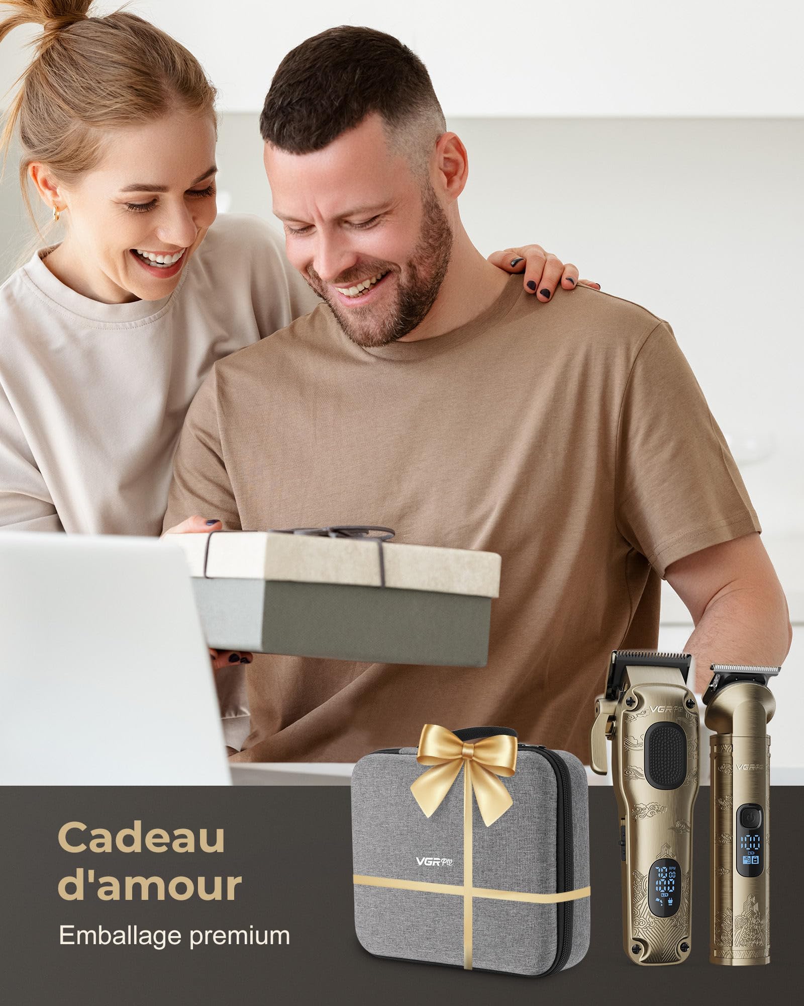 VGRPRO Tondeuse Cheveux Hommes Professionnelle, Tondeuse Cheveux Sans Fil pour Coupe de Cheveux, Kit Tondeuse et T-lames Trimmer Homme, Tondeuse Électrique pour Homme avec Boîte d'Emballage(Gloden)
