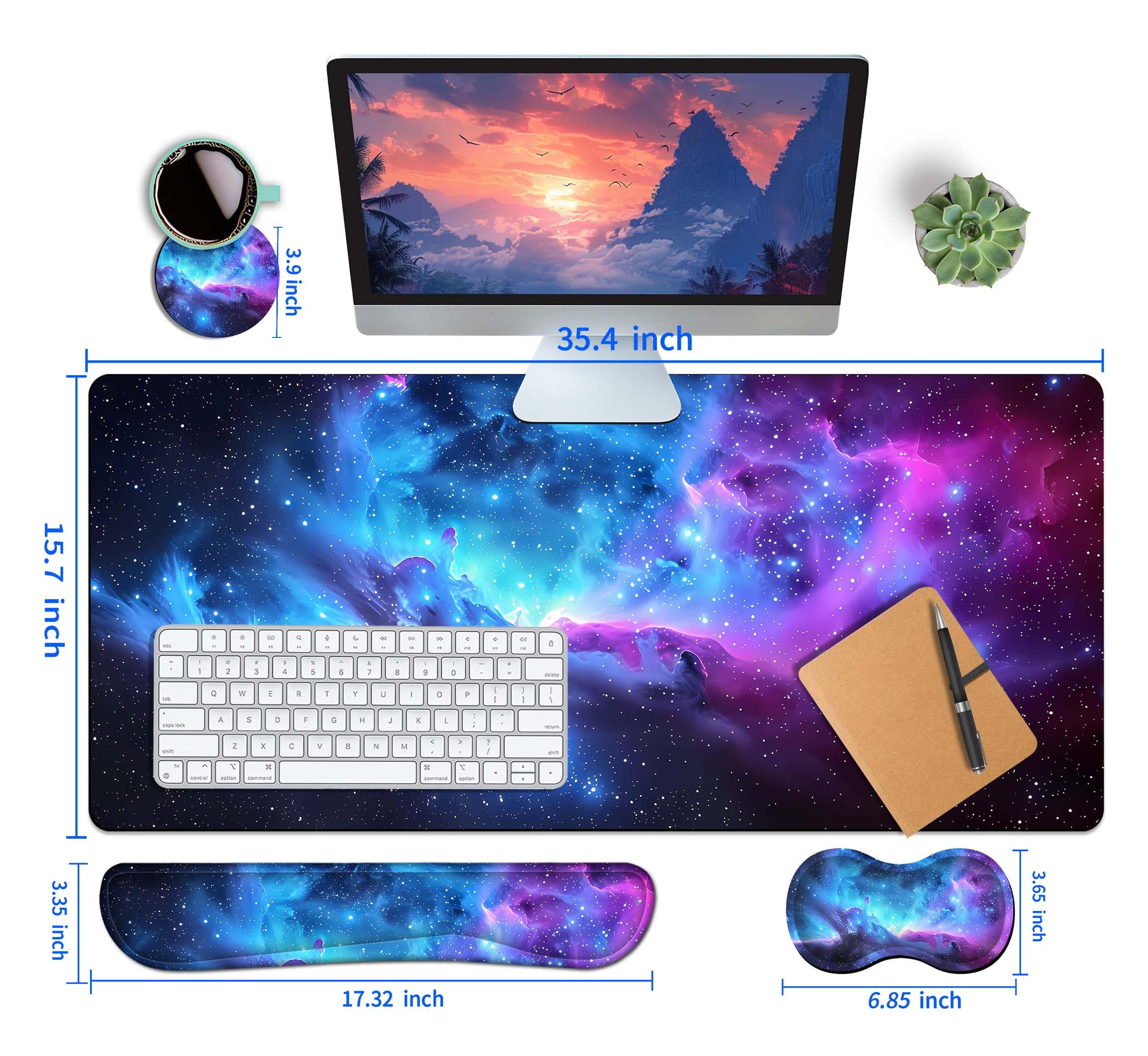 4-teiliges erweitertes großes Mauspad-Set für Damen und Herren mit Galaxie-Design, inklusive 35,4 x 15,7 cm großes XXL-Mauspad, Tastatur-Handgelenkauflage, Maus-Handgelenkstütze und