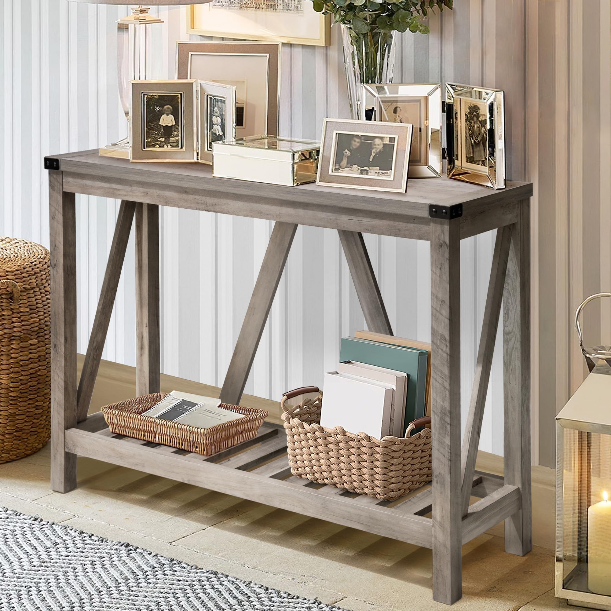 JOINHOM Entryway End Table, Farmhouse Console Table with Shelves, Wooden Sofa Table for Living