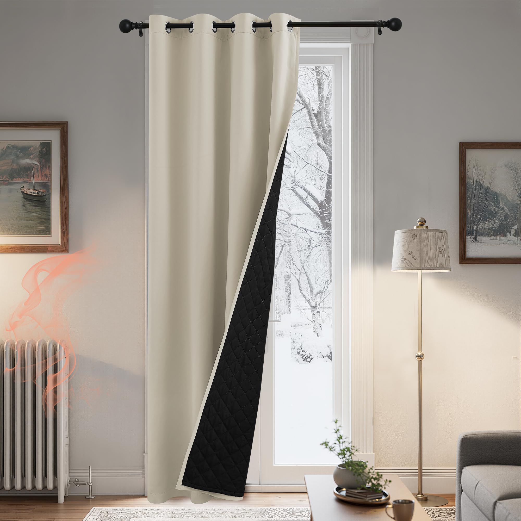 PONY DANCE Cortinas Termicas Aislantes Frio y Calor con Forro Grueso para Puerta 140x240cm, Cortinas 100% Blackout de Dos Capas para Salon/Dormitorio con Ojales,Beige Claro Global Recycled Standard OEKO-TEX STANDARD 100 Global Recycled Standard Global Recycled Standard