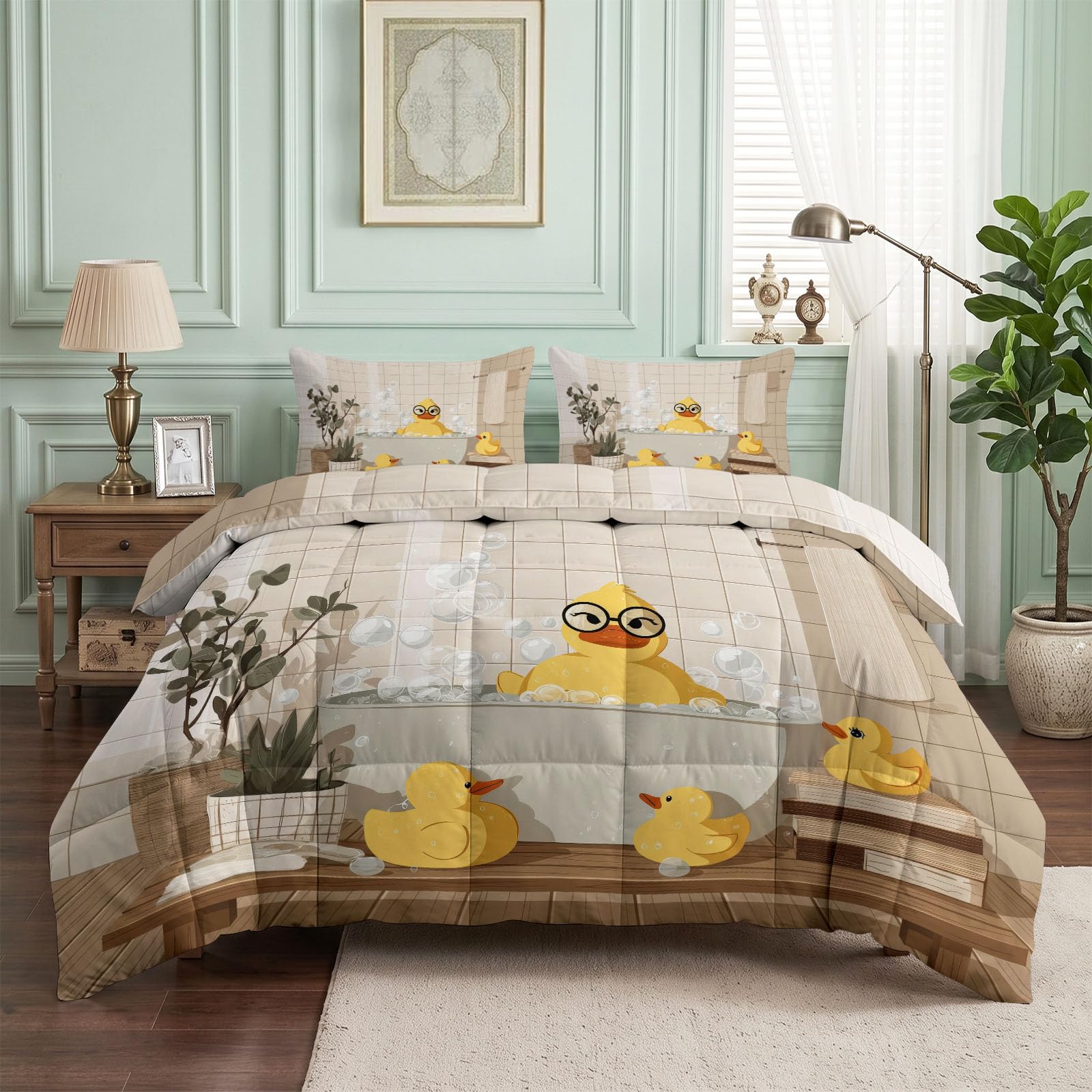 Trapunta 240 x 260 cm stampata anatra vasca da bagno bolle 4 stagioni per letto matrimoniale lavabile in lavatrice cartone animato bambino anatra gialla trapunta, reversibile senza fodera con 2 federe