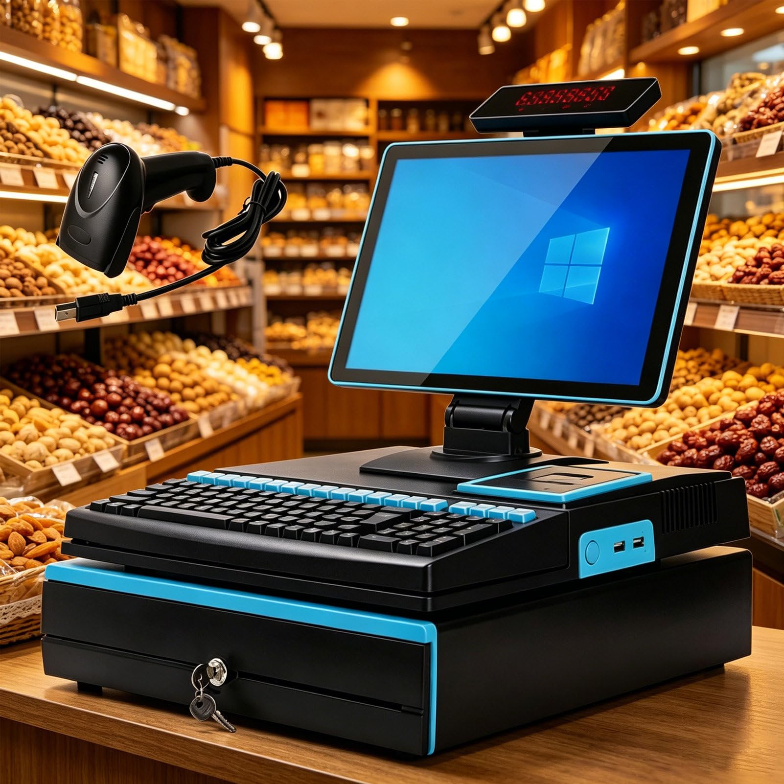 Pvxa Blue Smart Cash Register, All-In-One Cash Register With 15.6" Touch Screen Monitor, With Cpu I3, 4 Gb Ram, 64 Gb Ssd, Windows 10, For Retail And Restaurant Singlescreen