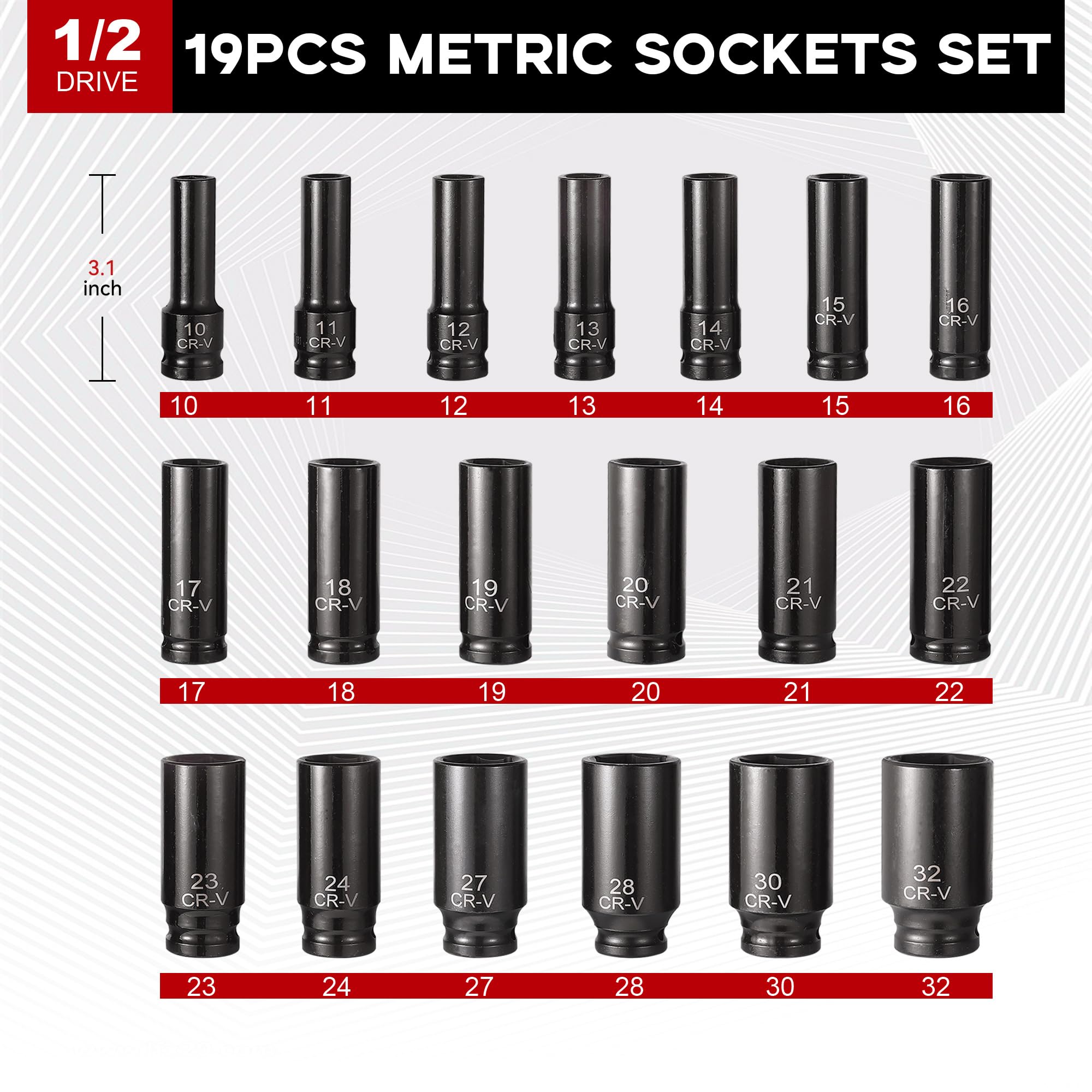Aloanes 25 bussole da 1/2", metriche (10 mm-32 mm), boccole profonde, riduttore da 1/2" F a 3/8", riduttore da 3/8" F a 1/2", guarnizione universale, barre di estensione, 6 punti, Cr-V