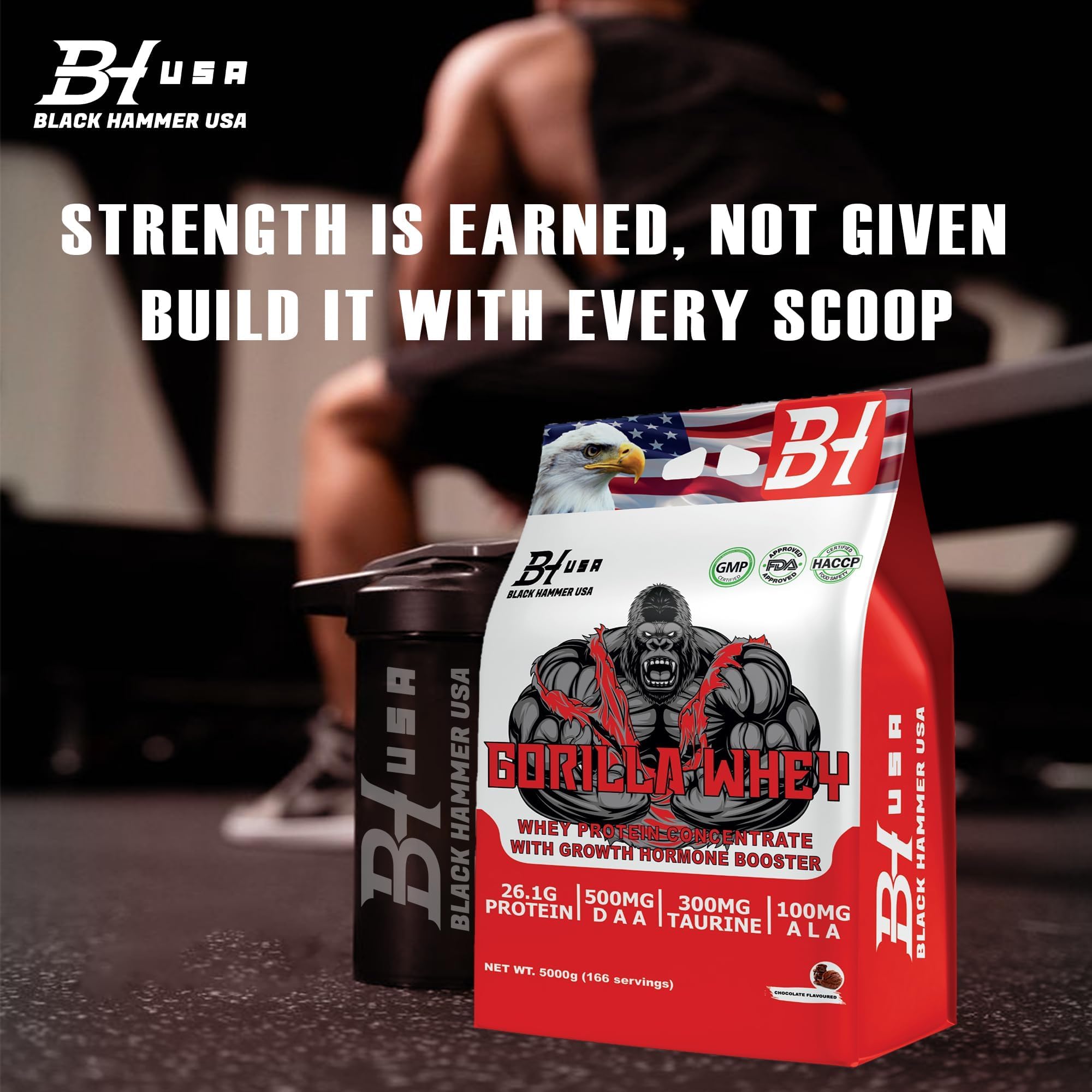 GORILLA Whey Protein - 5KG - Black Hammer USA - Protein Powder for Muscle Growth & Recovery + Free Gorilla BCAA Gift (5000g, Schokolade)