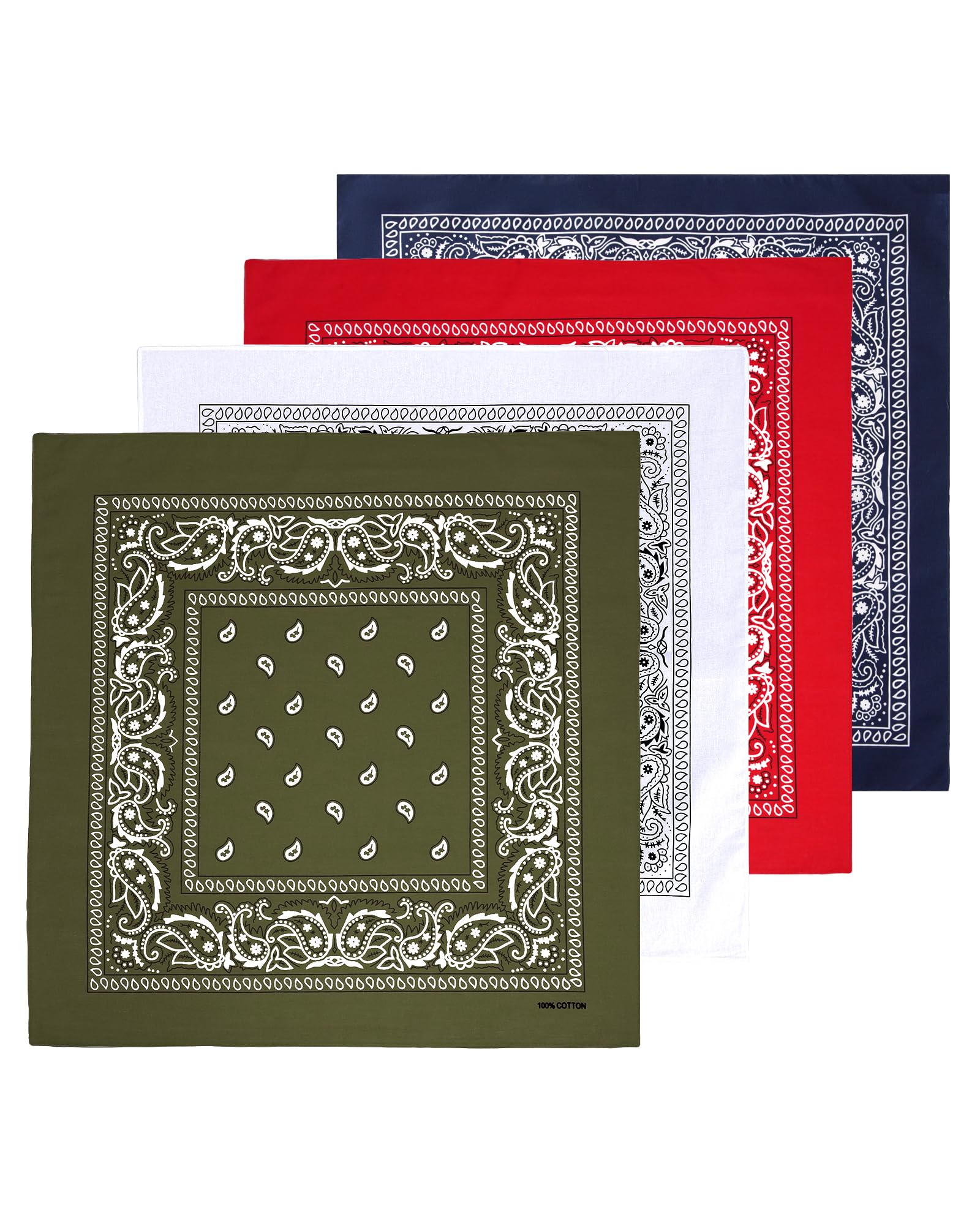 Bycc Bynn Oversized Cotton Bandanas 27x27 - Extra Large Wild Rag 4-Pack | Reactive-dyed both sides, fade-proof colors; soft pure cotton, breathable &