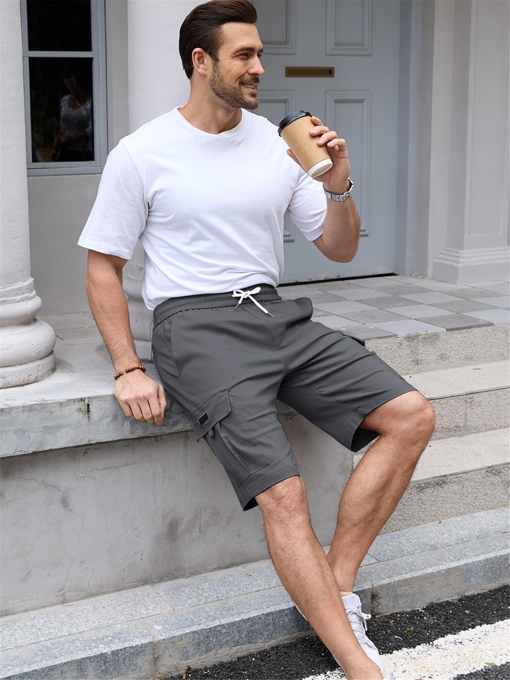 Tolaler Shorts Homme Ete Bermuda Casual Short Cargo Sport Taille Elastique Décontracté Travail avec Poches Running Randonnée