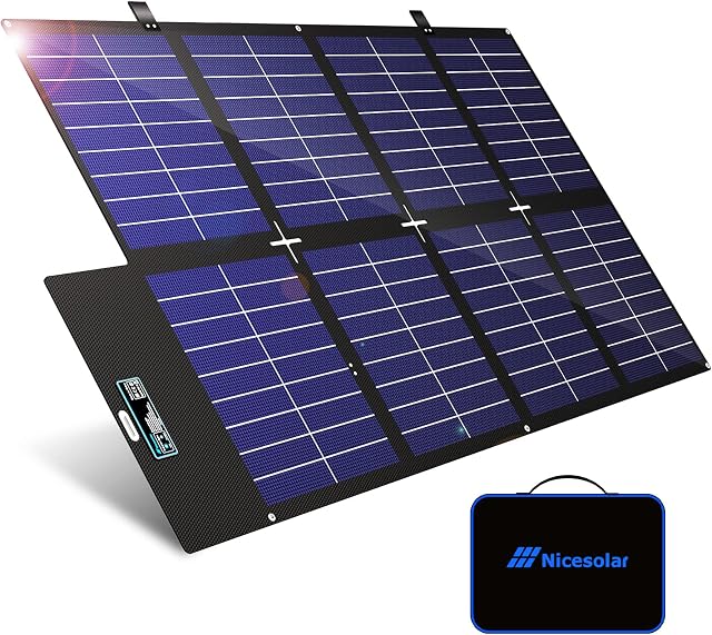 Nicesolar Składany panel słoneczny 200 W do przenośnej stacji zasilania, kompaktowy generator solarny, IP67, z modułem solarnym USB-A&C Pd65W, ładowarka solarna do telefonu komórkowego, tabletu, na