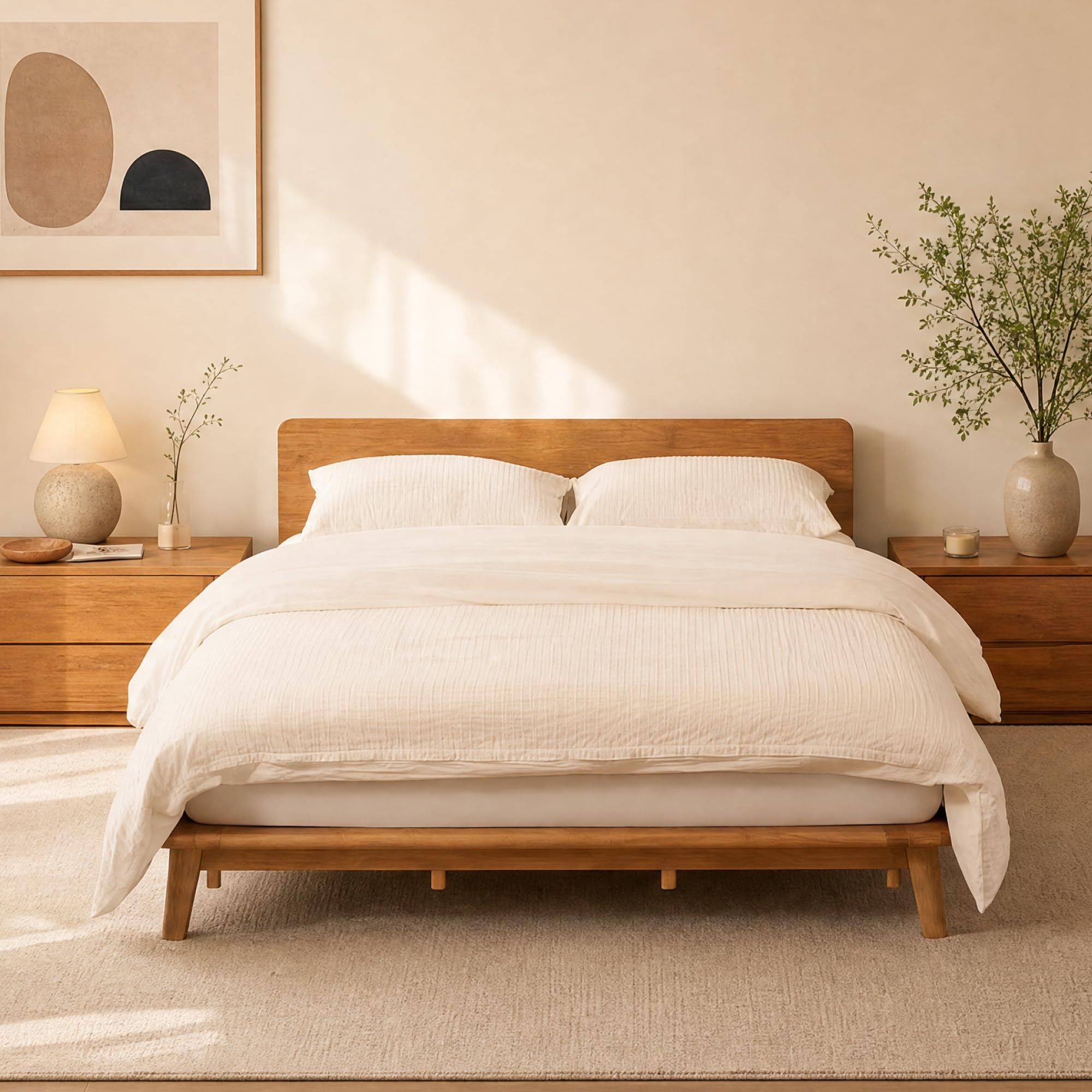 FLEXISPOT Cama de Madera Maciza 160x200 cm, Cama Doble de Madera de Caucho Natural, Sin Formaldehído, Montaje Sin Herramientas, Cabecero con Estante, Diseño Japandi, Cama Matrimonio Hako G1
