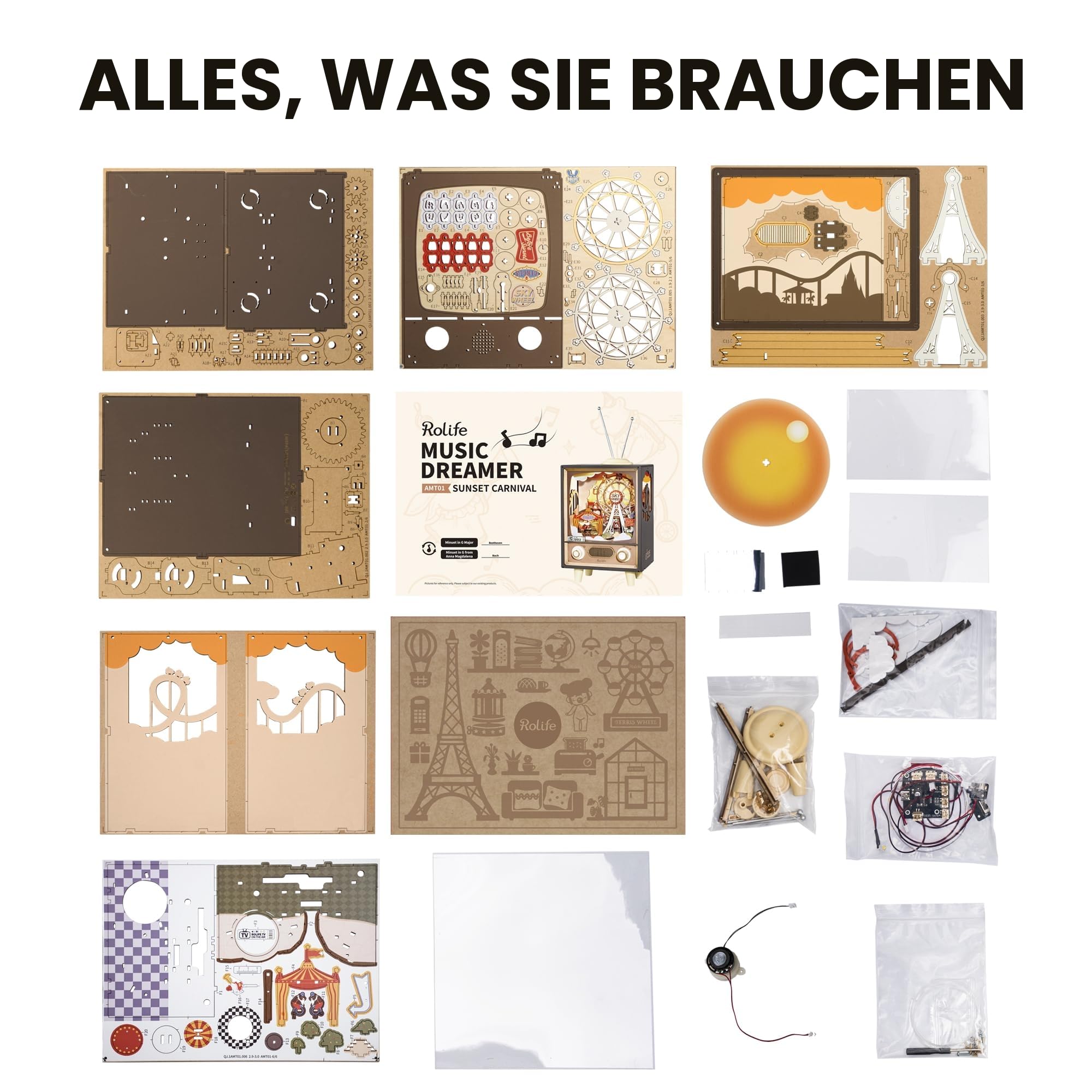 Rolife 3D Puzzles Holz Spieluhr Sonnenuntergang Karneval Miniatur Szene Retro Fernsehen Modell Bausätze für Erwachsene zu Bauen LED Nacht Lichter Plug in 174pcs (AMT01)