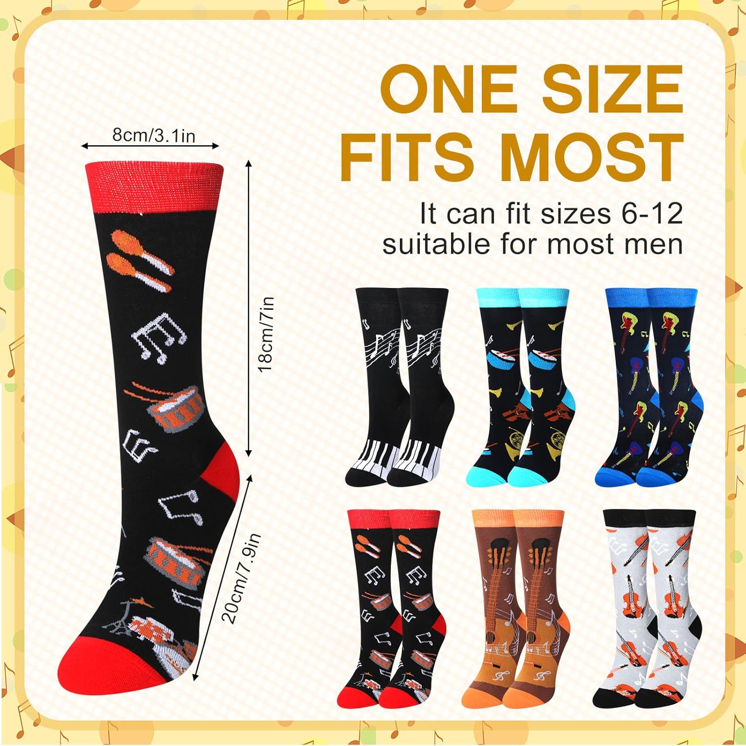 6 Pairs Novelty Music Socks for Men Funny Music Gift The Musical Merch Rocker Piano Drum Set Notes Stave Guitar Socks Christmas Birthday Holiday Party Favors for Lovers Teachers Musicians - Image 4