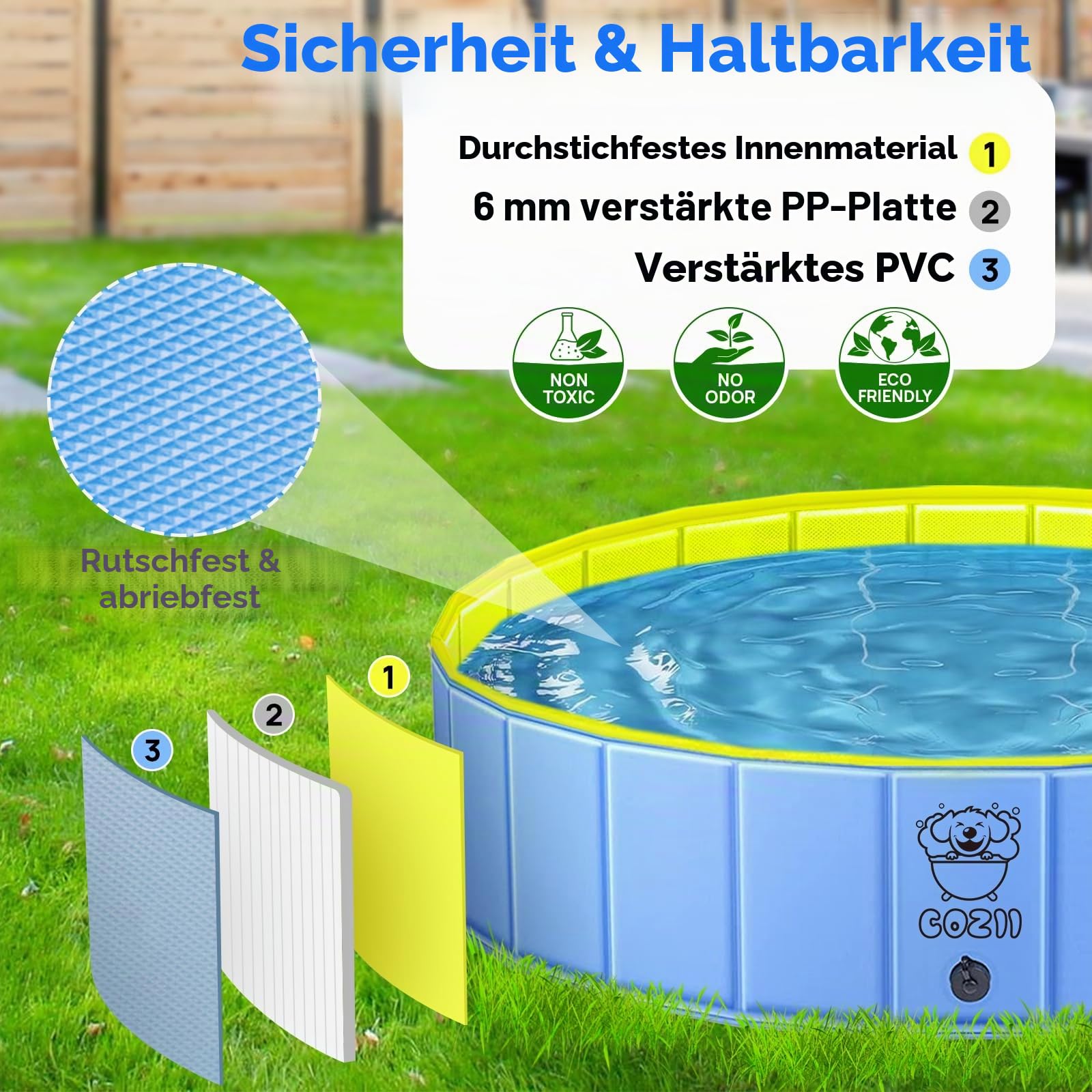 COZII Hundepool 160 x 30cm faltbare Hundebadewanne Planschbecken für Hunde Kinder rutschfest PVC mit Badebürste