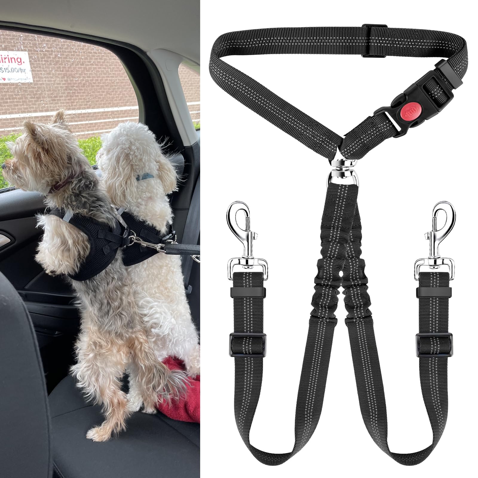 Double Dog Seat Belt, Adjustable Dog Seatbelt with Elastic Bungee Buffer