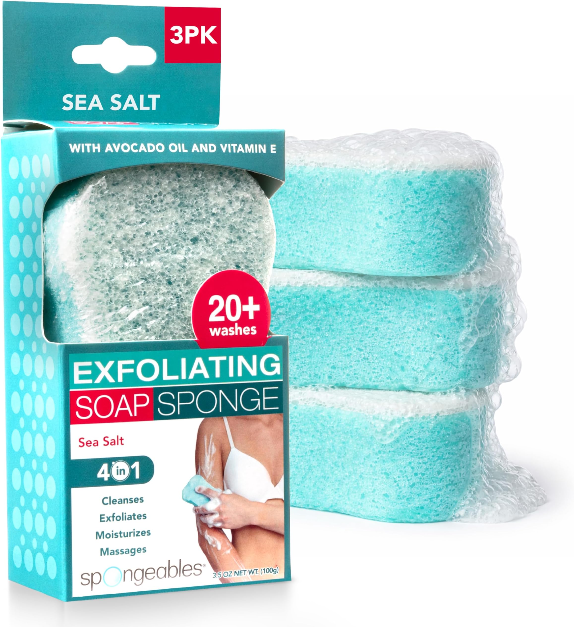 Spongeables Body Wash in a 20+ Wash Sponge, Sea Salt, 3 Count