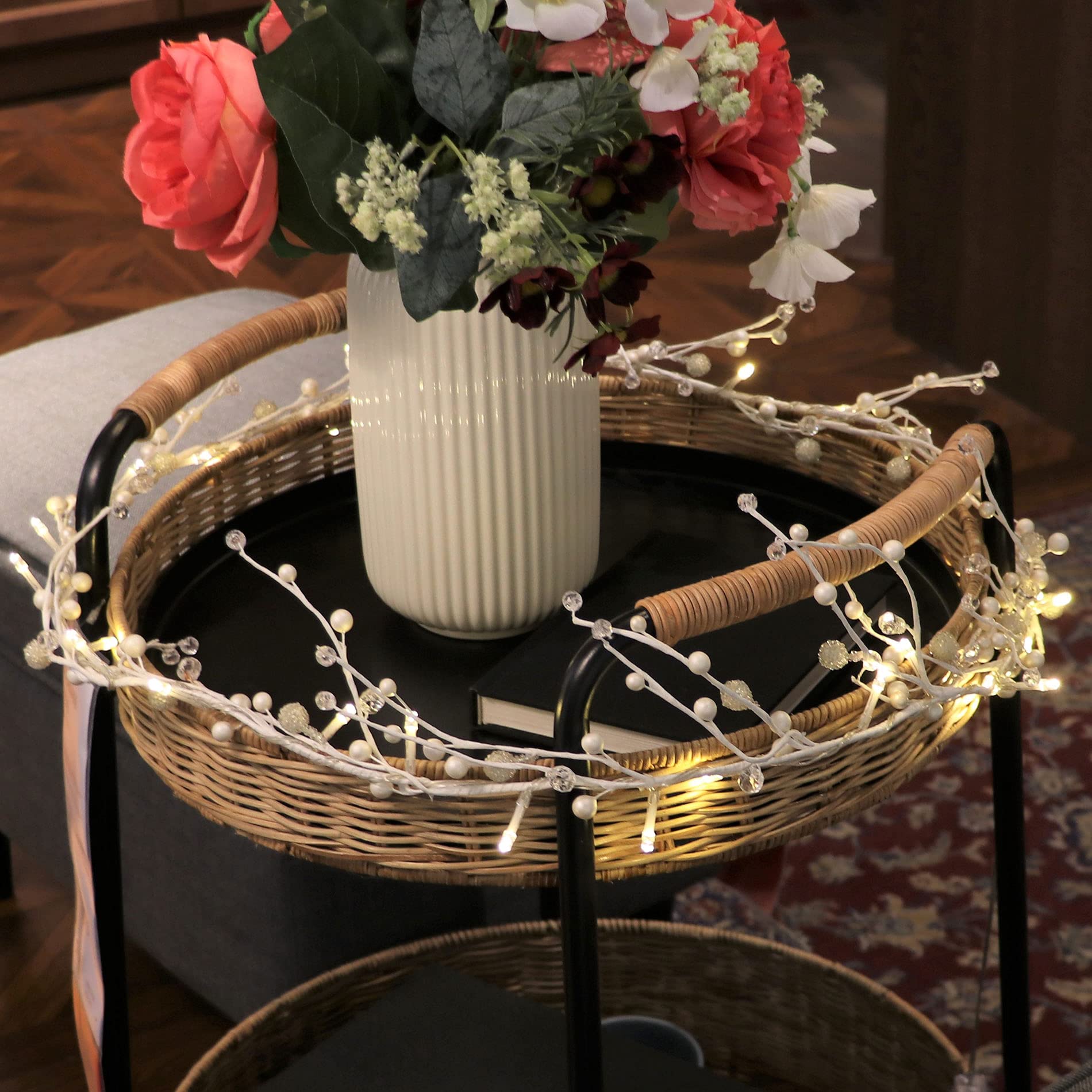 White Berry Twig Vine Garland with 30 LED String Lights for Wedding, Battery Fairy String Lights with Timer for Party Event Decoration - 5.9FT