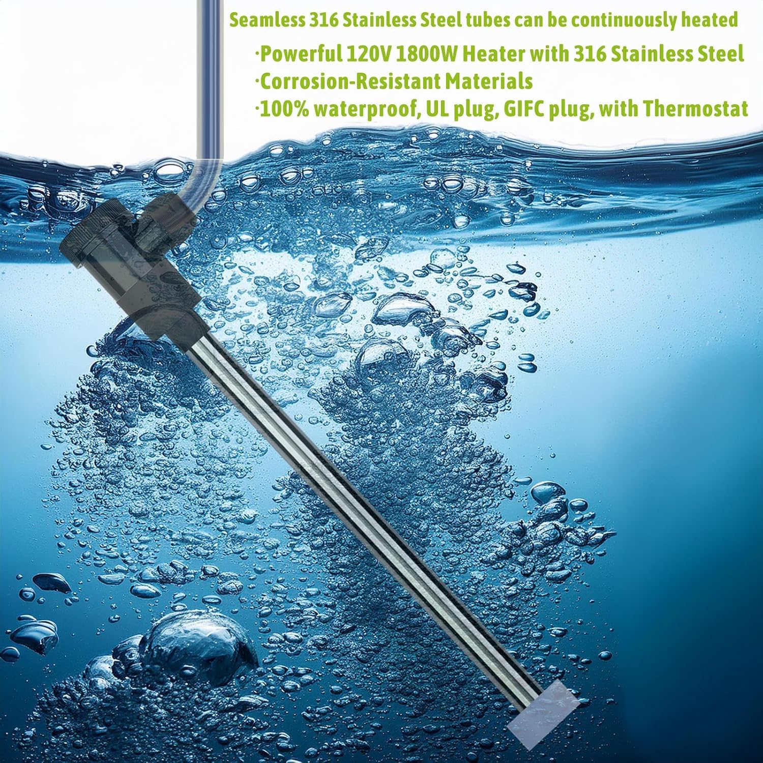 1800W Submersible Hot Tub & Pool Portable immersion Water Heater with Temperature Control and GFCI Leakage Protection for Baptistries, Swimming Pools, Bathtubs, Buckets, and Most Liquids