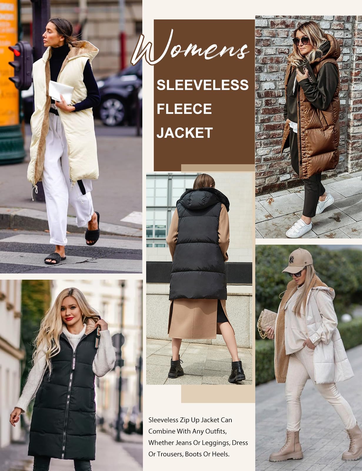 Tuopuda Gilet Donna Lungo in Pile, Smanicato Invernale con Cappuccio, Cappotto Senza Maniche Termico Giubbotto Imbottito Giacca con Cerniera e Tasche