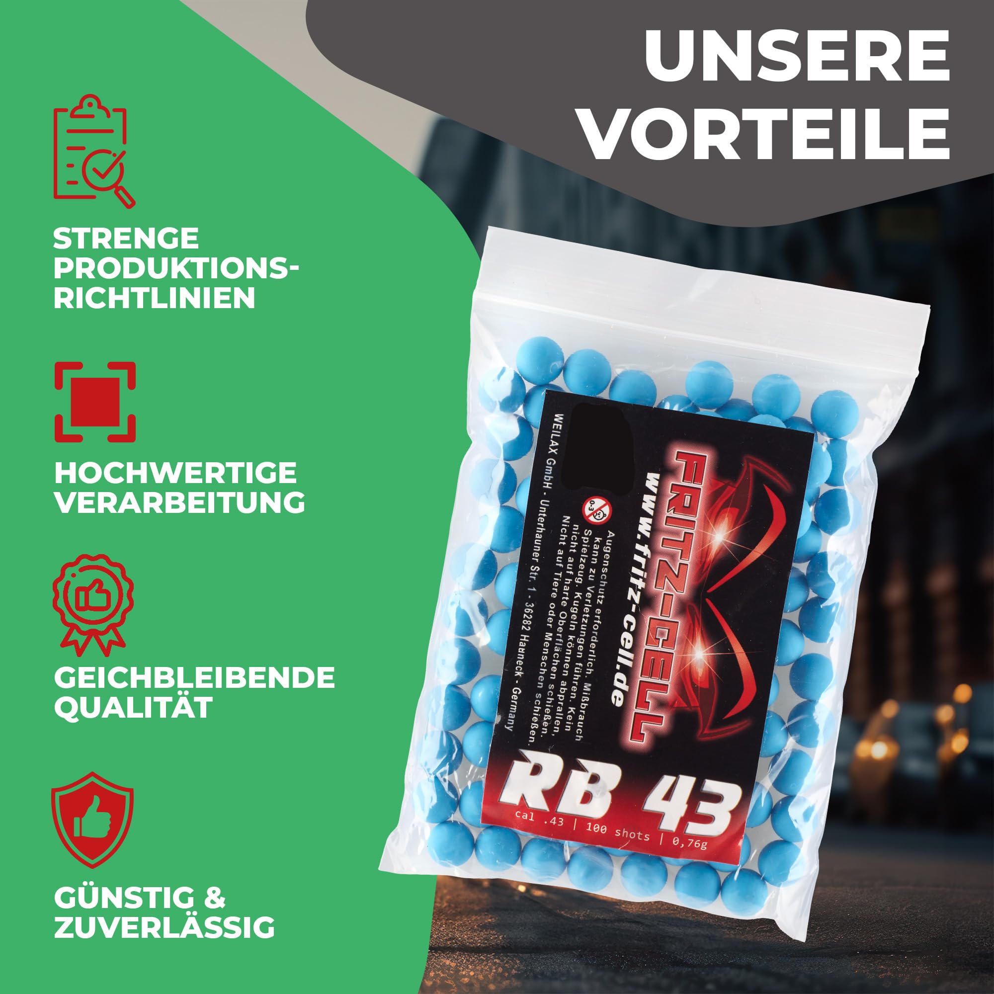 500 x RB Cal.43 blau Rubberball Gummigeschosse Fritz-Cell kompatibel mit T4E HDR50 / HDP5