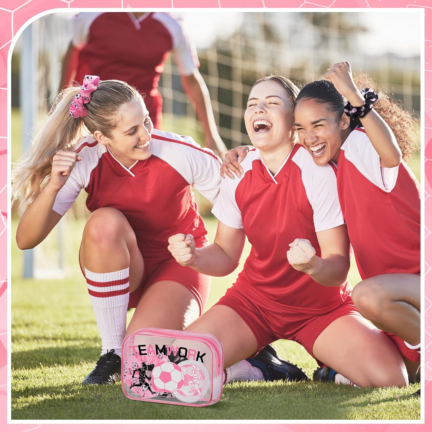 36 Pcs Pink Soccer Gifts for Women 12 Pink Soccer Makeup Bag Bulk Cosmetic Bag Sport Team Gifts with 12 Sport Hair Scrunchies 12 Round Portable Folding Brush Mirror for Coach Team Party