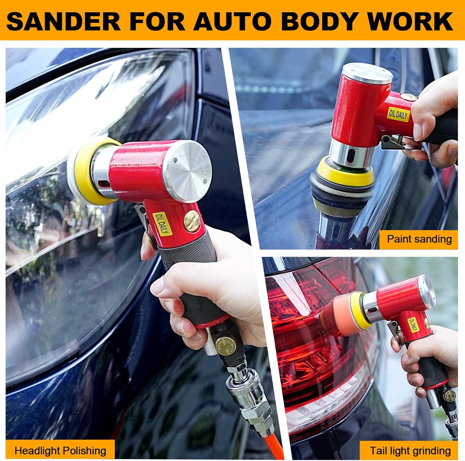 Updated 2 inch 3 inch Mini Orbital Air Sander Dual Action Sander Pneumatic Polisher Tool Kit for Auto Body Work (Red Air Sander with 2'' 3'' Pad)