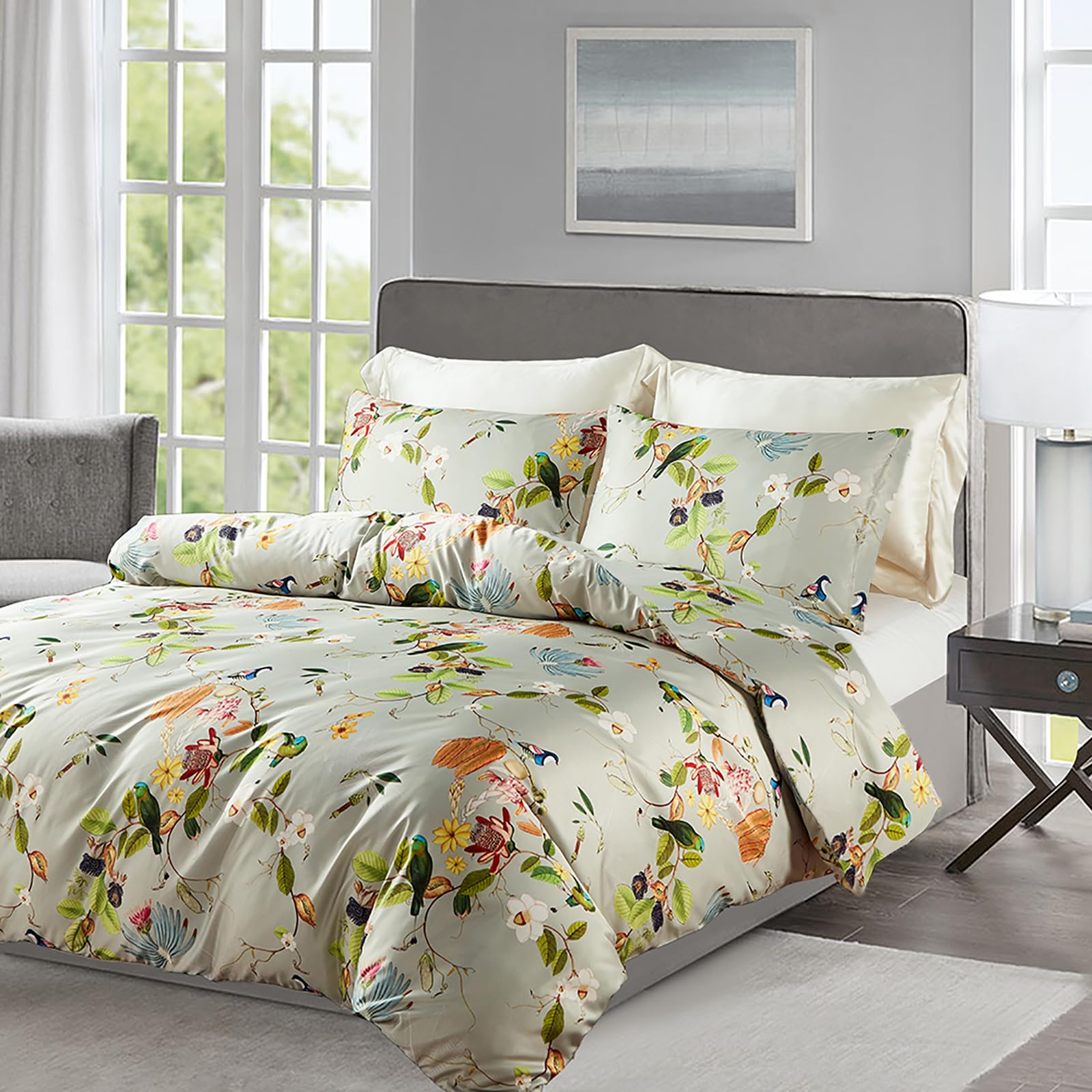 MKXI Bird Floral Comforter Set King Size Botanical Comforters Shabby Chic Bedding Set Animal Forest Print Bed Set